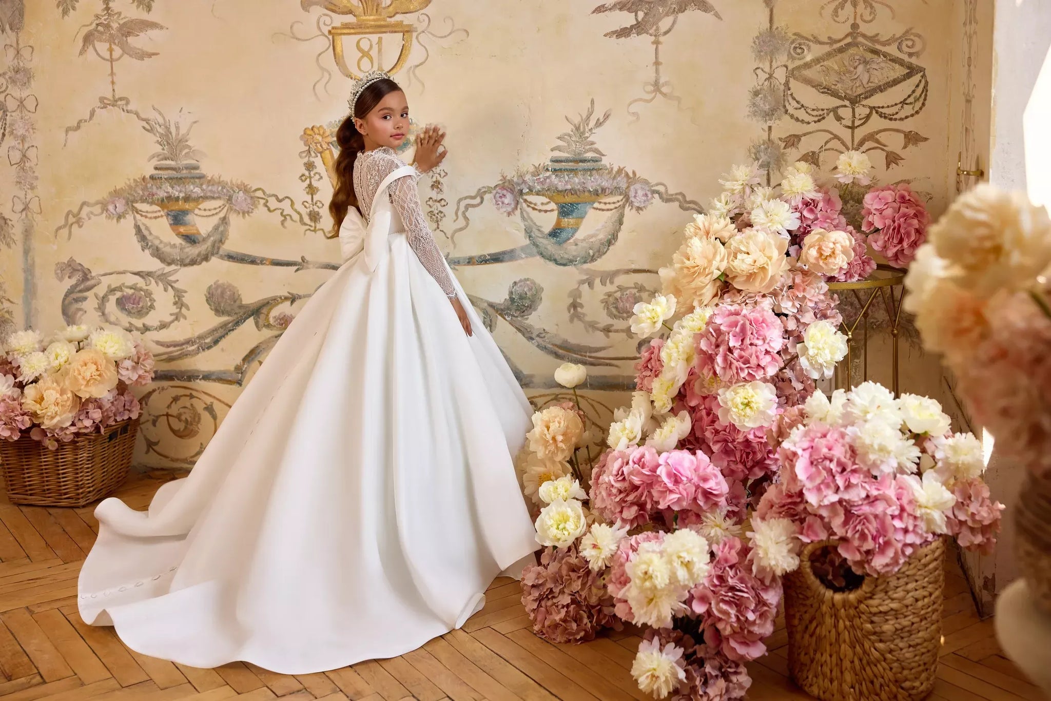 Pentelei 3817 refined gown with pleated bodice and bow back | Girls Formal Dress