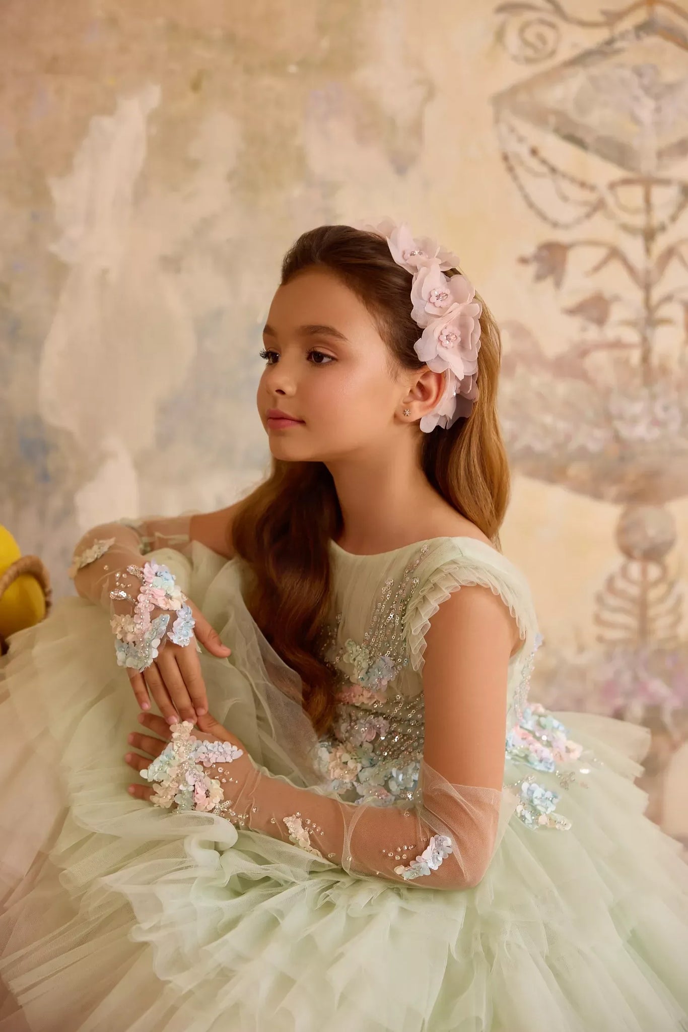 Pentelei 3822 ombre ruffle gown with embellished gloves | Girls Formal Dress