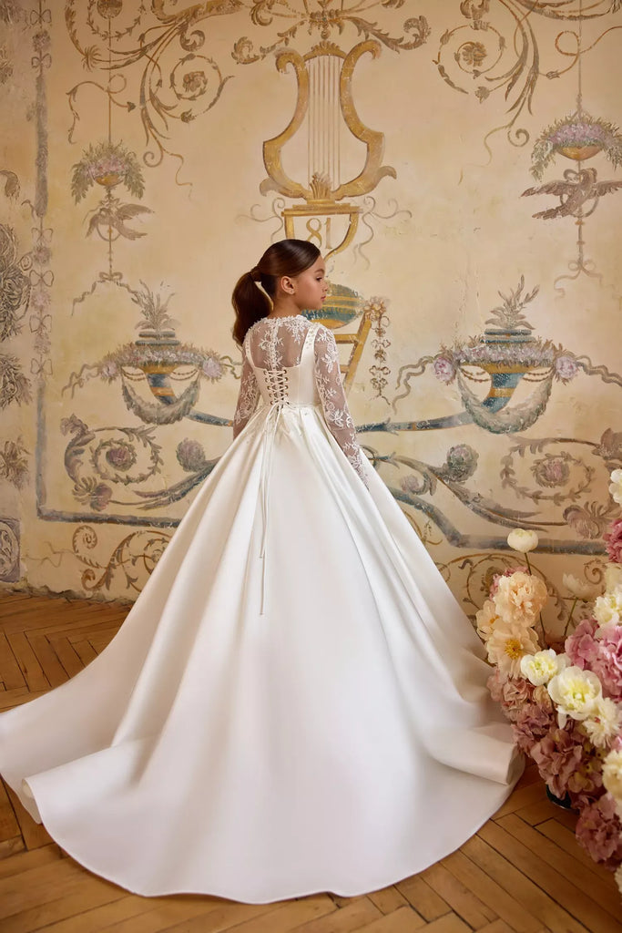 Pentelei 3827 pearl embellished ballgown with lace sleeves | Girls Formal Dress