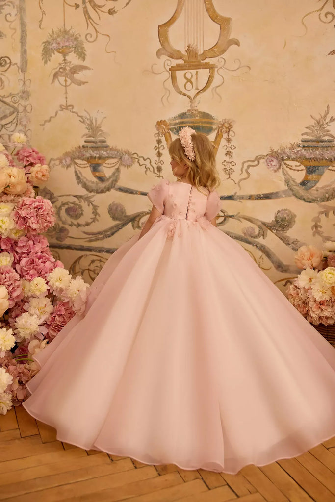 Pentelei 3829 floral applique ball gown with button back | Girls Formal Dress