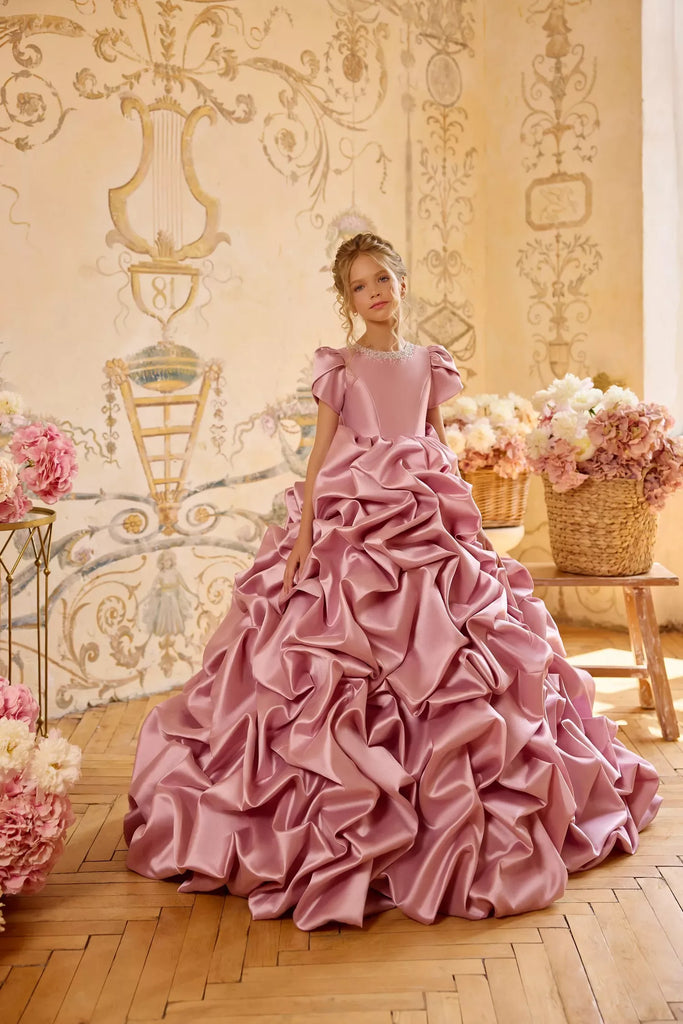 Pentelei 3833 ruffled statement gown with puff sleeves | Girls Formal Dress