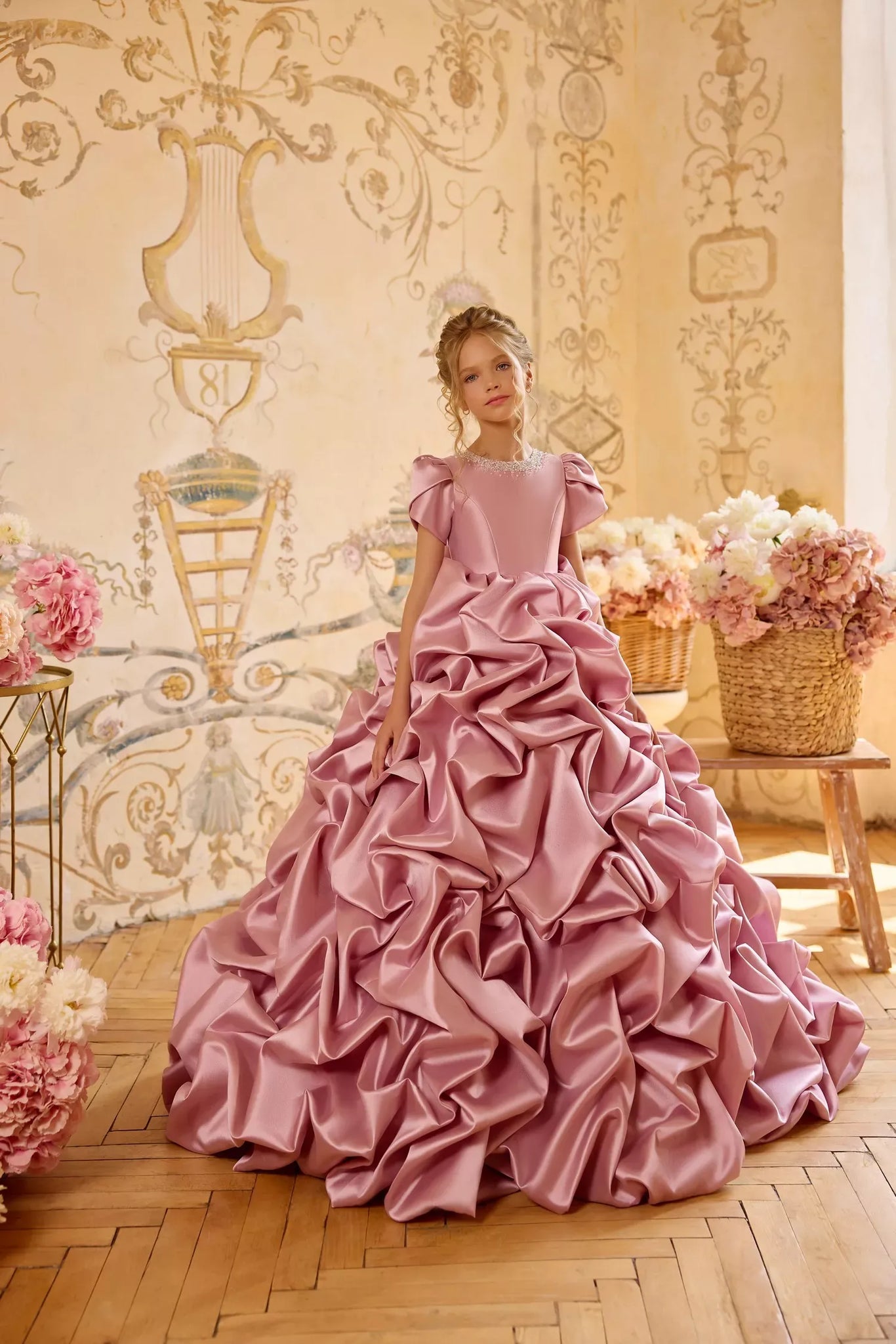 Pentelei 3833 ruffled statement gown with puff sleeves | Girls Formal Dress