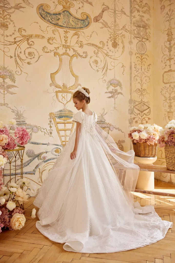 Pentelei 3836 puff sleeve gown with detachable cape | Girls Formal Dress