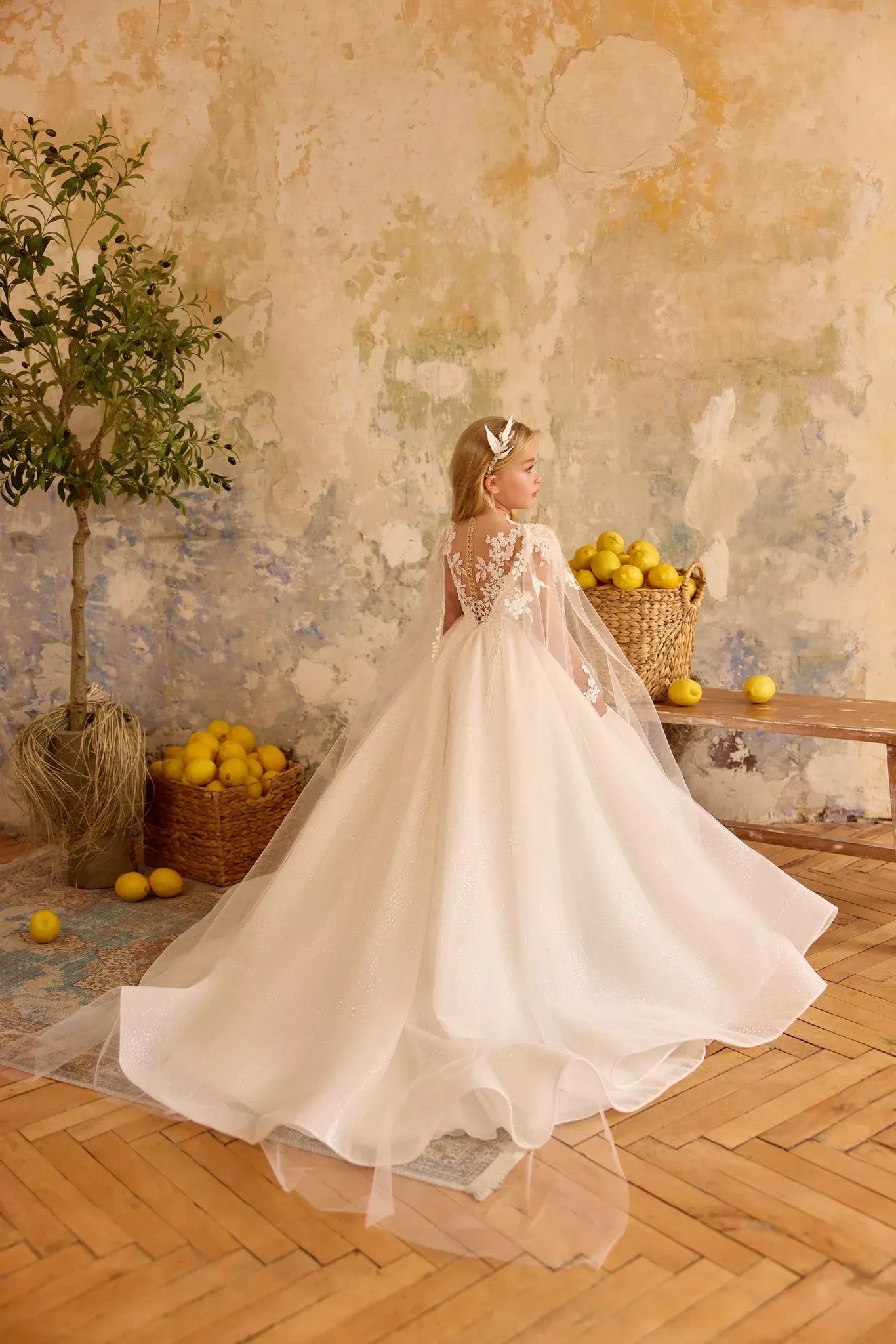 Pentelei 3837 fairytale gown with floral applique and cape | Girls Formal Dress