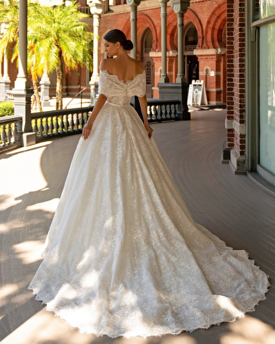 chantilly lace wedding dress Chantilly Lace A-Line Wedding Dress with detachable Lace Collar