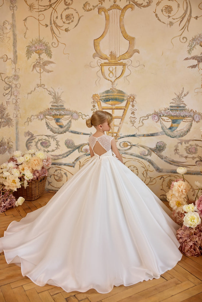 Pentelei 3809 pearl bodice gown with illusion neckline and bows | Girls Formal Dress