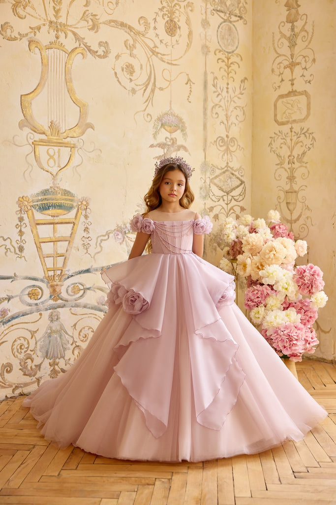 Pentelei 3812 princess gown with floral applique and train | Girls Formal Dress