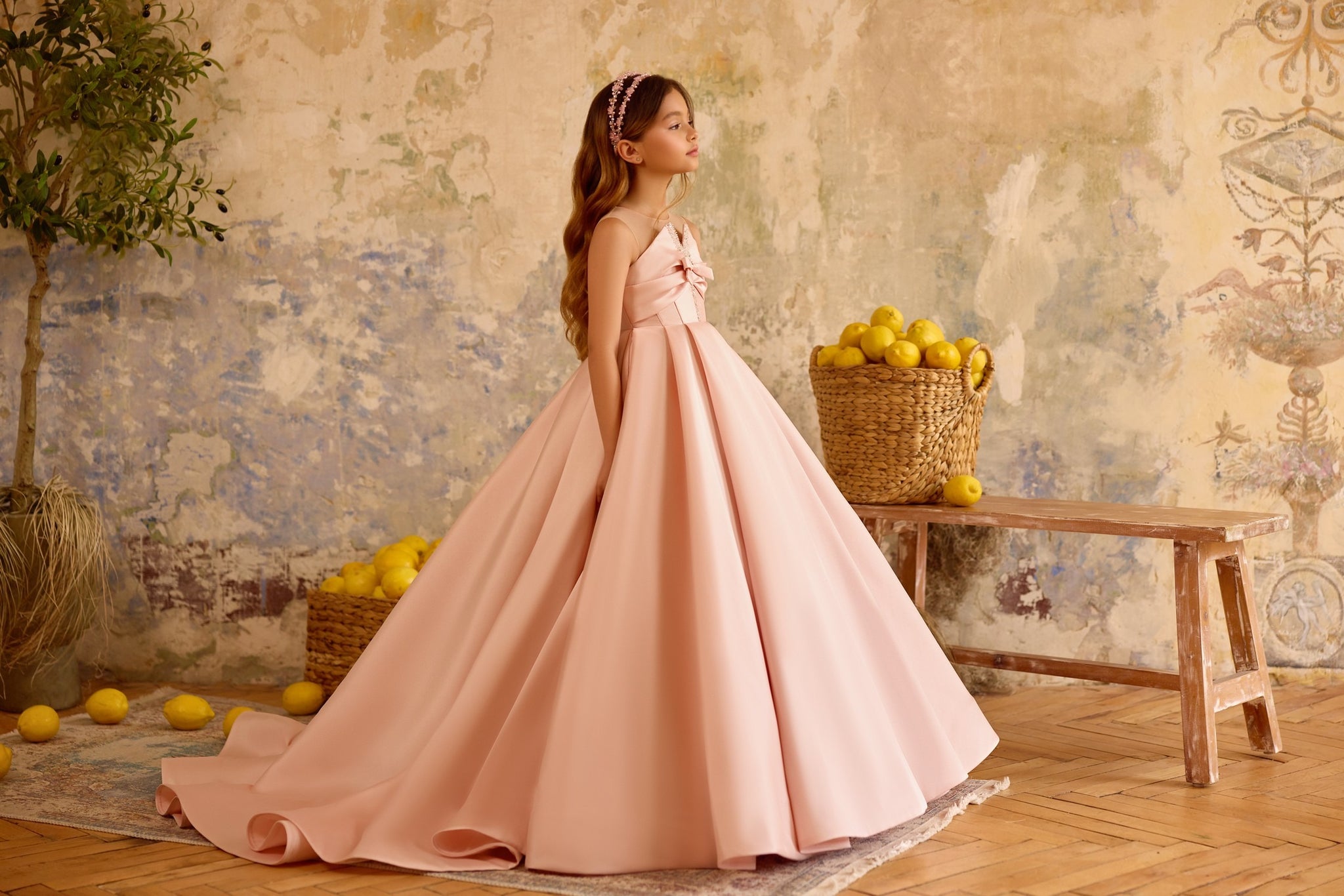 Pentelei 3813 elegant ball gown with illusion neckline and train | Girls Formal Dress