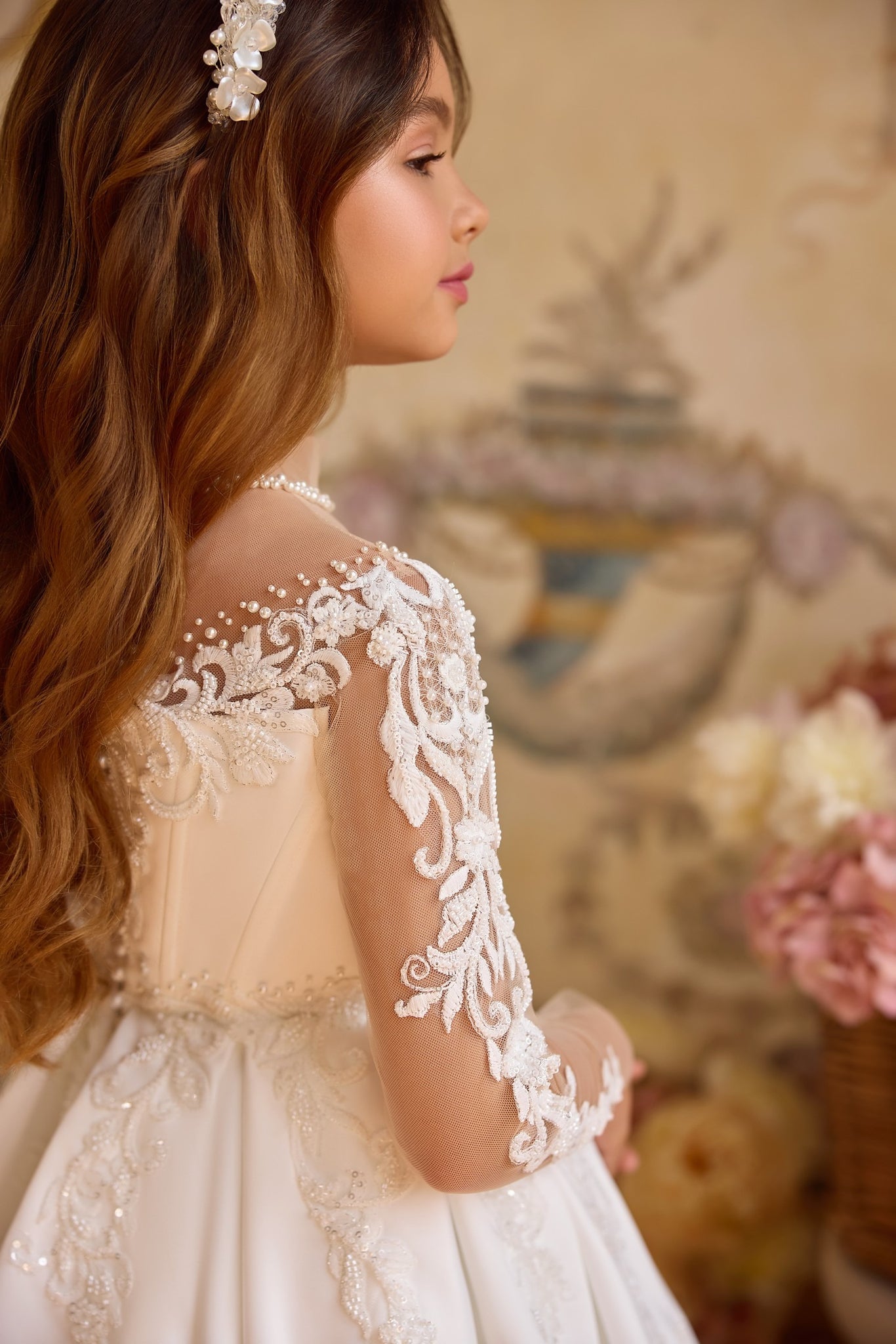 Pentelei 3816 regal gown with lace embroidery and pearl details | Girls Formal Dress