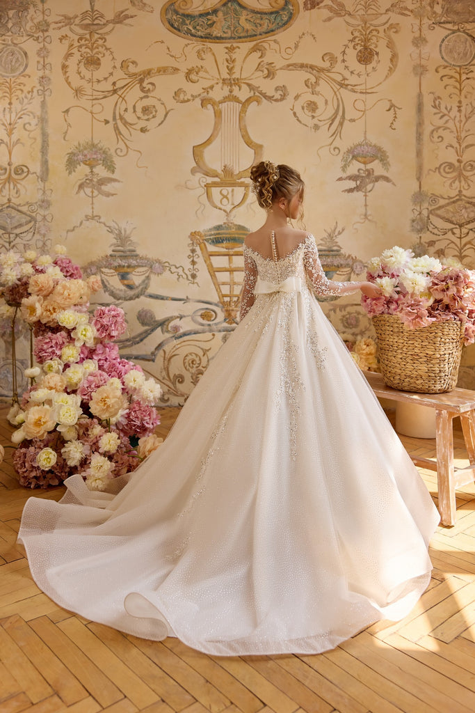 Pentelei 3820 elegant gown with floral applique and pearl buttons | Girls Formal Dress