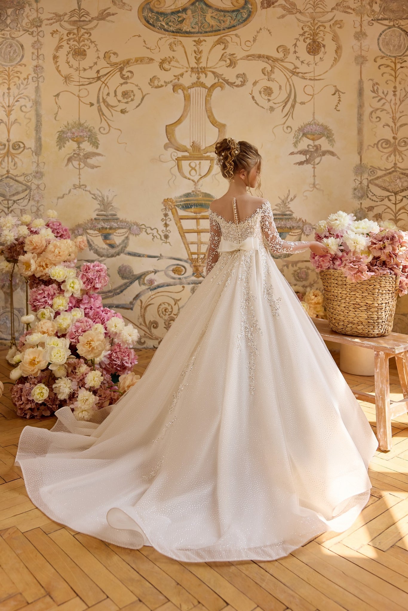 Pentelei 3820 elegant gown with floral applique and pearl buttons | Girls Formal Dress