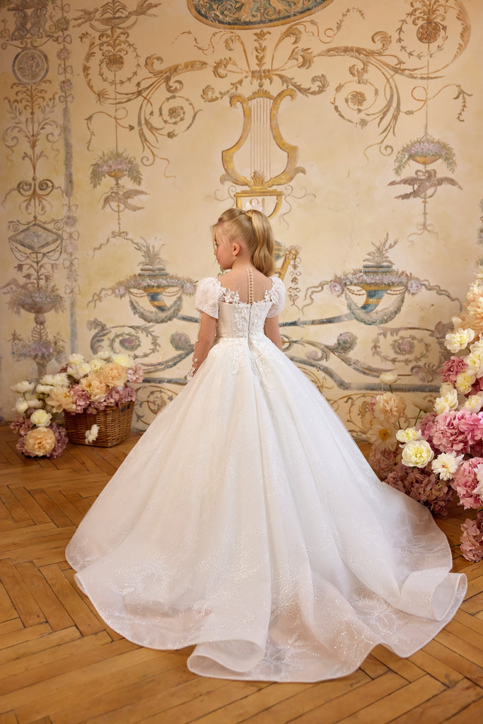 Pentelei 3821 floral applique gown with puff sleeves and train | Girls Formal Dress