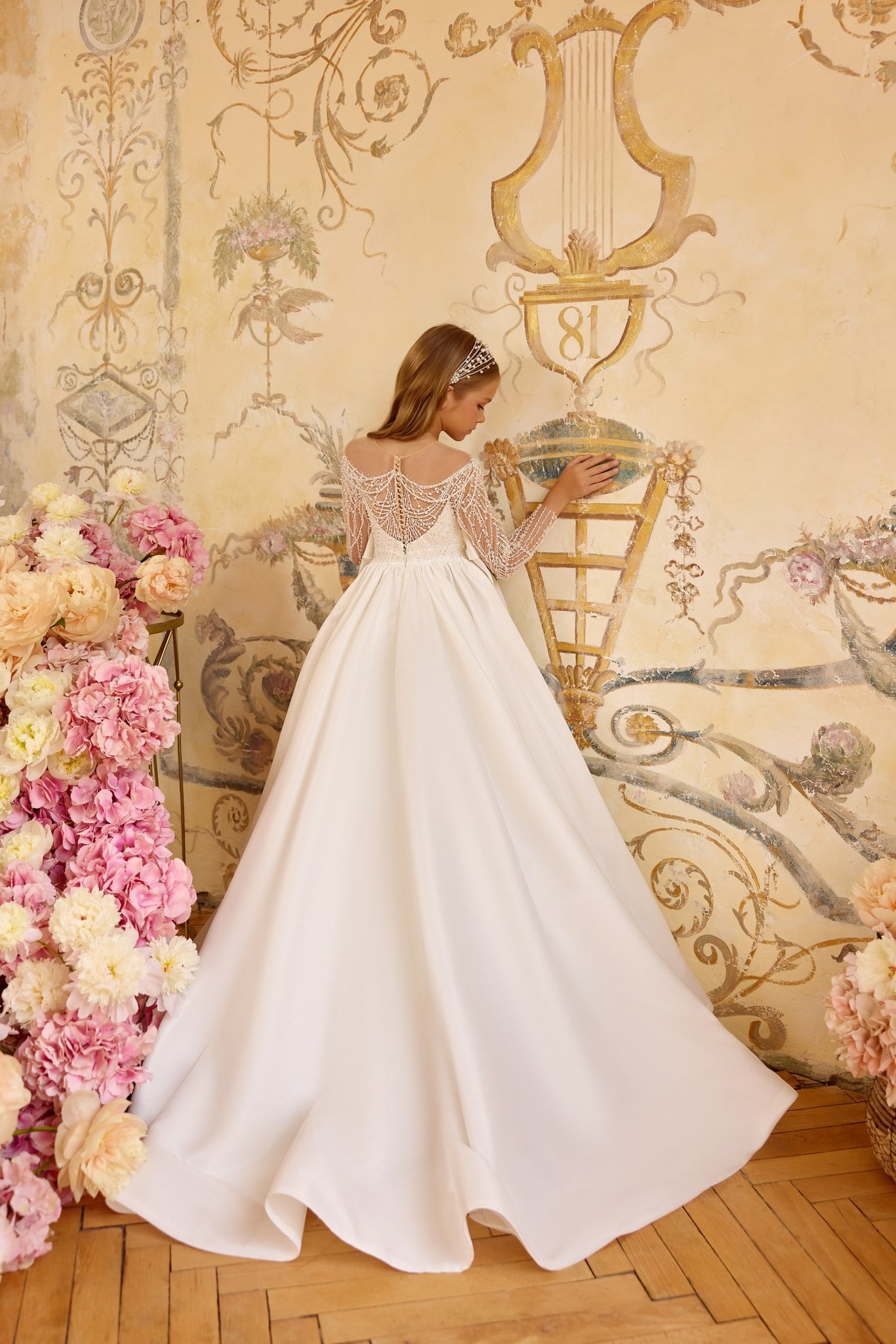 Pentelei 3823 regal beaded gown with sheer sleeves | Girls Formal Dress