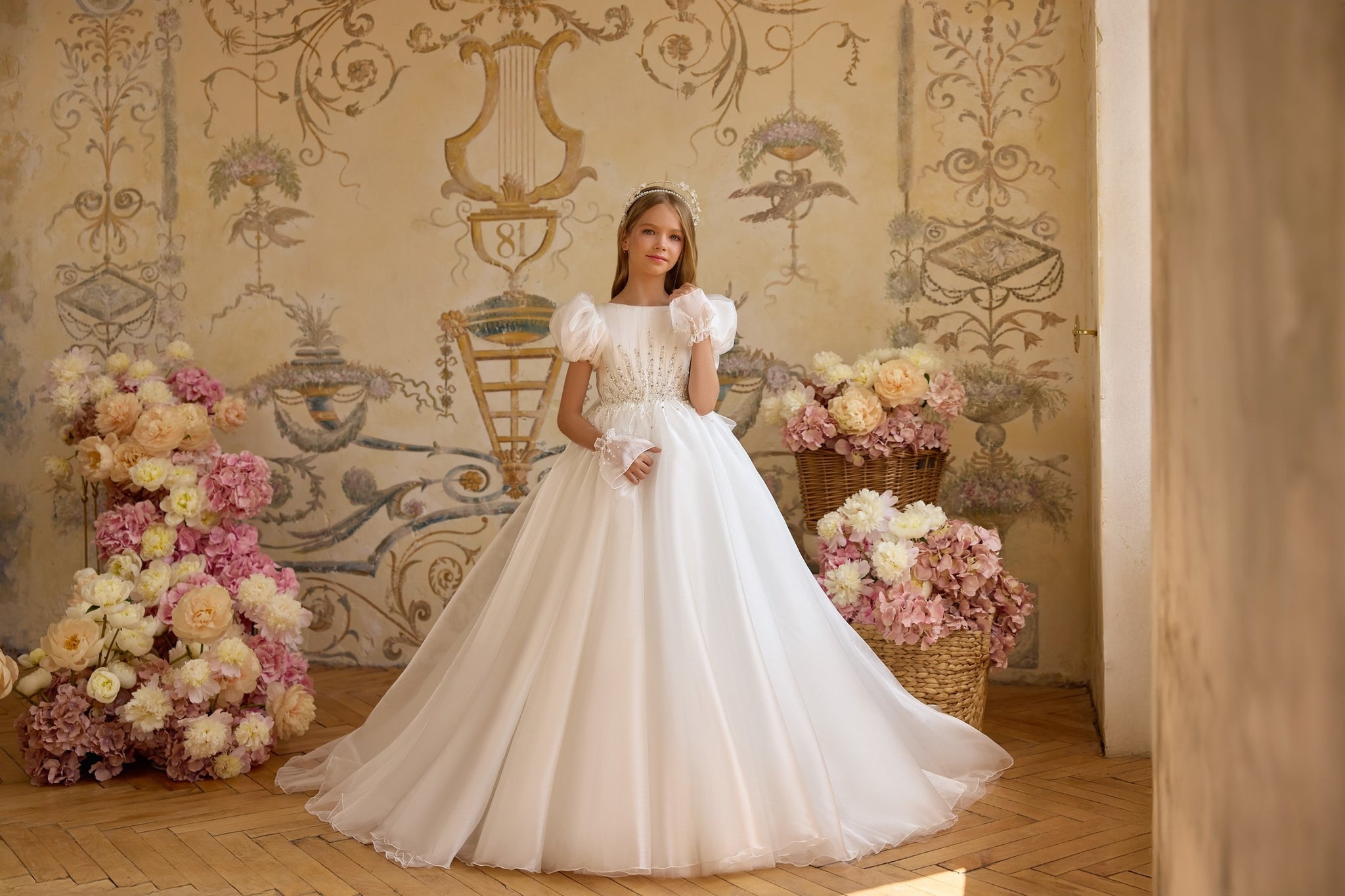 Pentelei 3824 puff sleeve gown with vertical beadwork | Girls Formal Dress