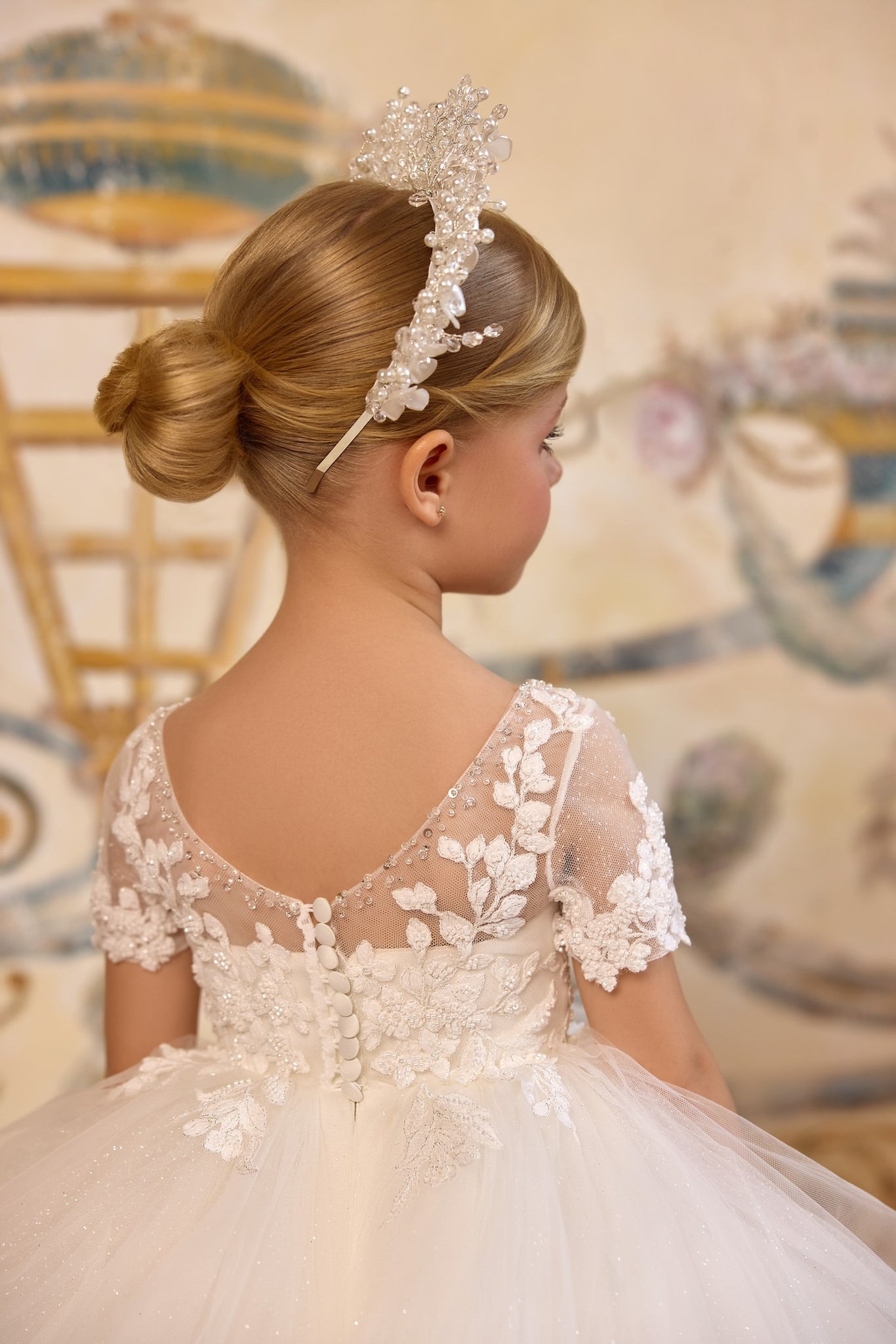Pentelei 3825 embroidered gown with sheer sleeves and buttoned back | Girls Formal Dress