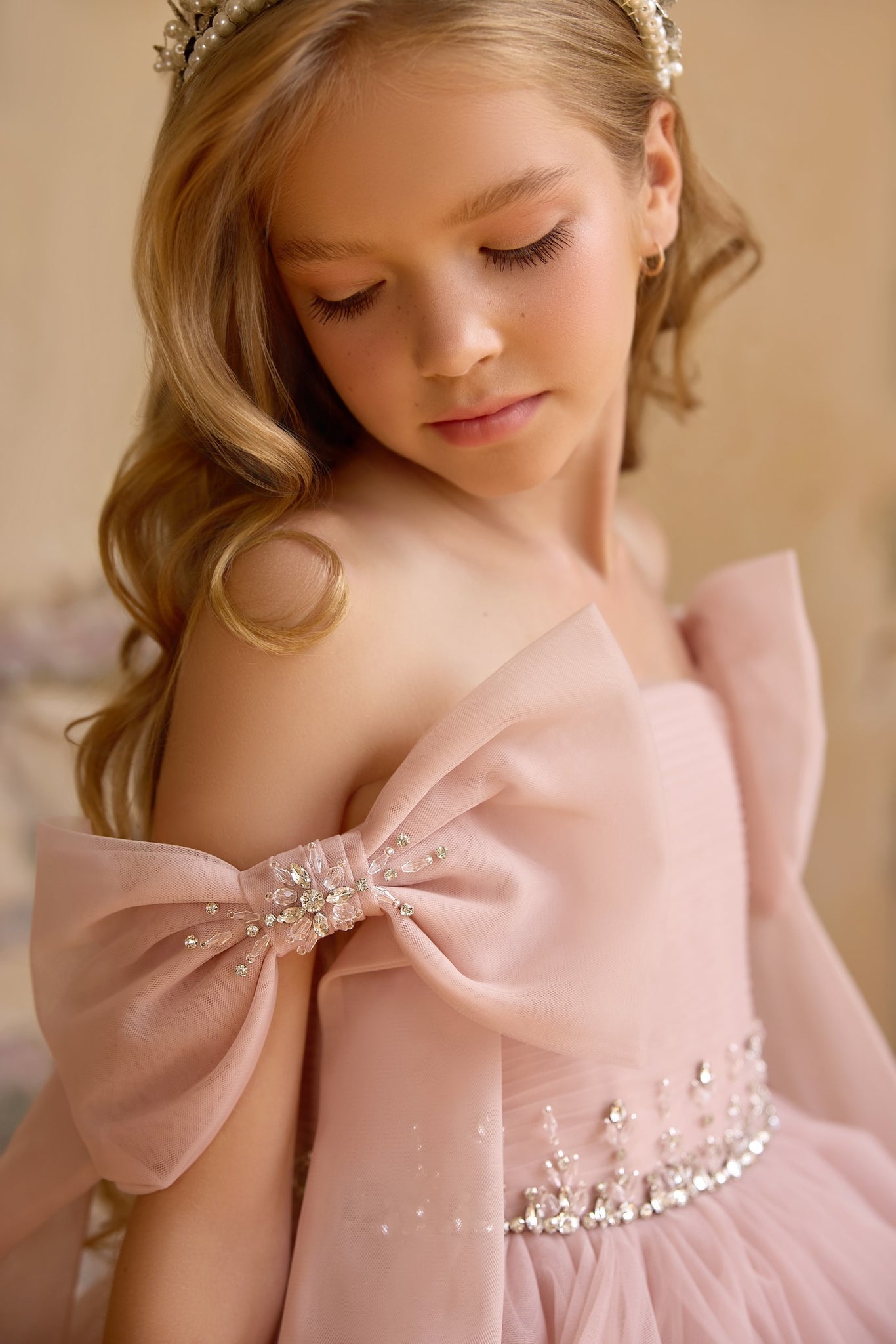 Pentelei 3826 tiered layer ballgown with bow accents | Girls Formal Dress