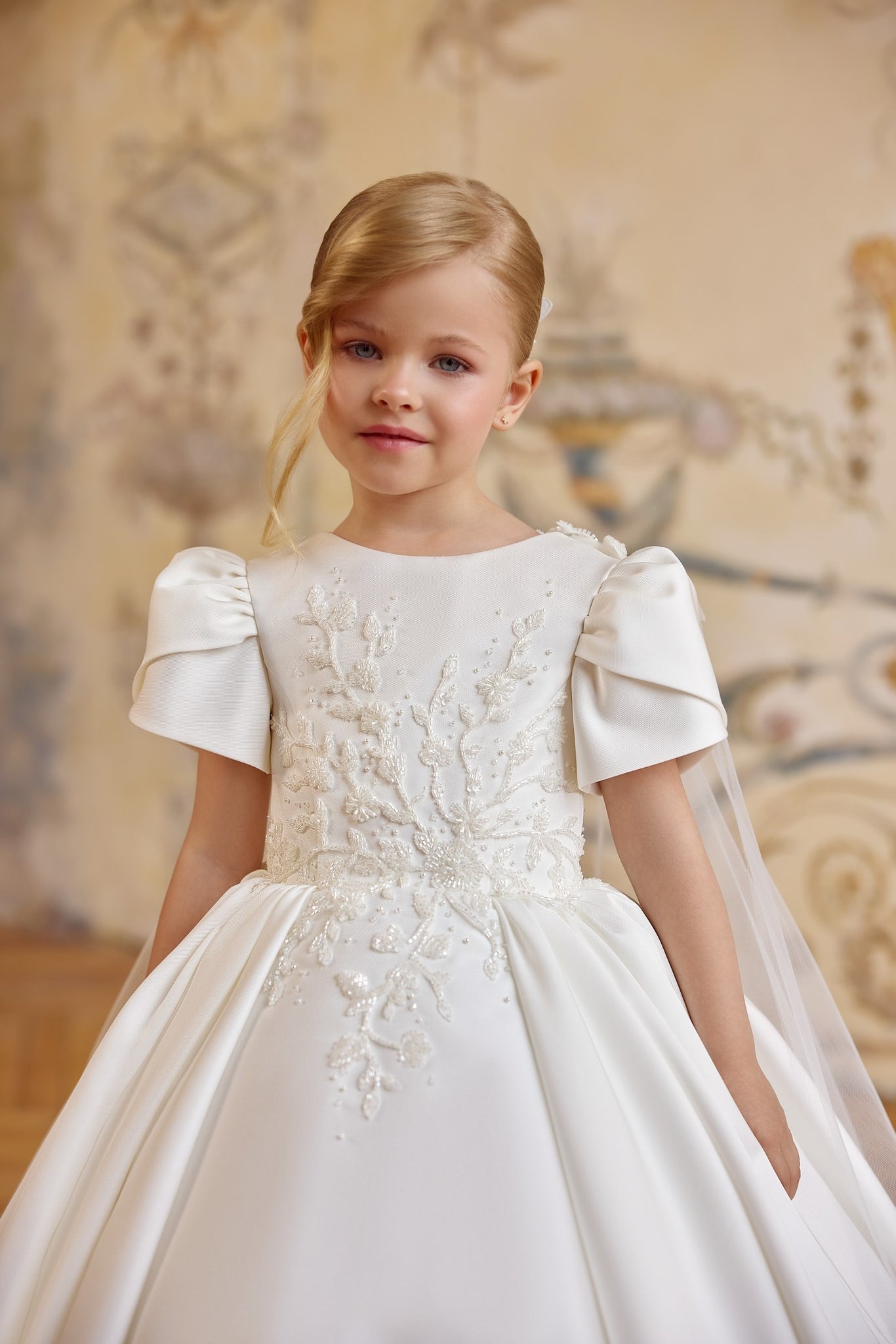 Pentelei 3828 structured gown with embroidery and button back | Girls Formal Dress
