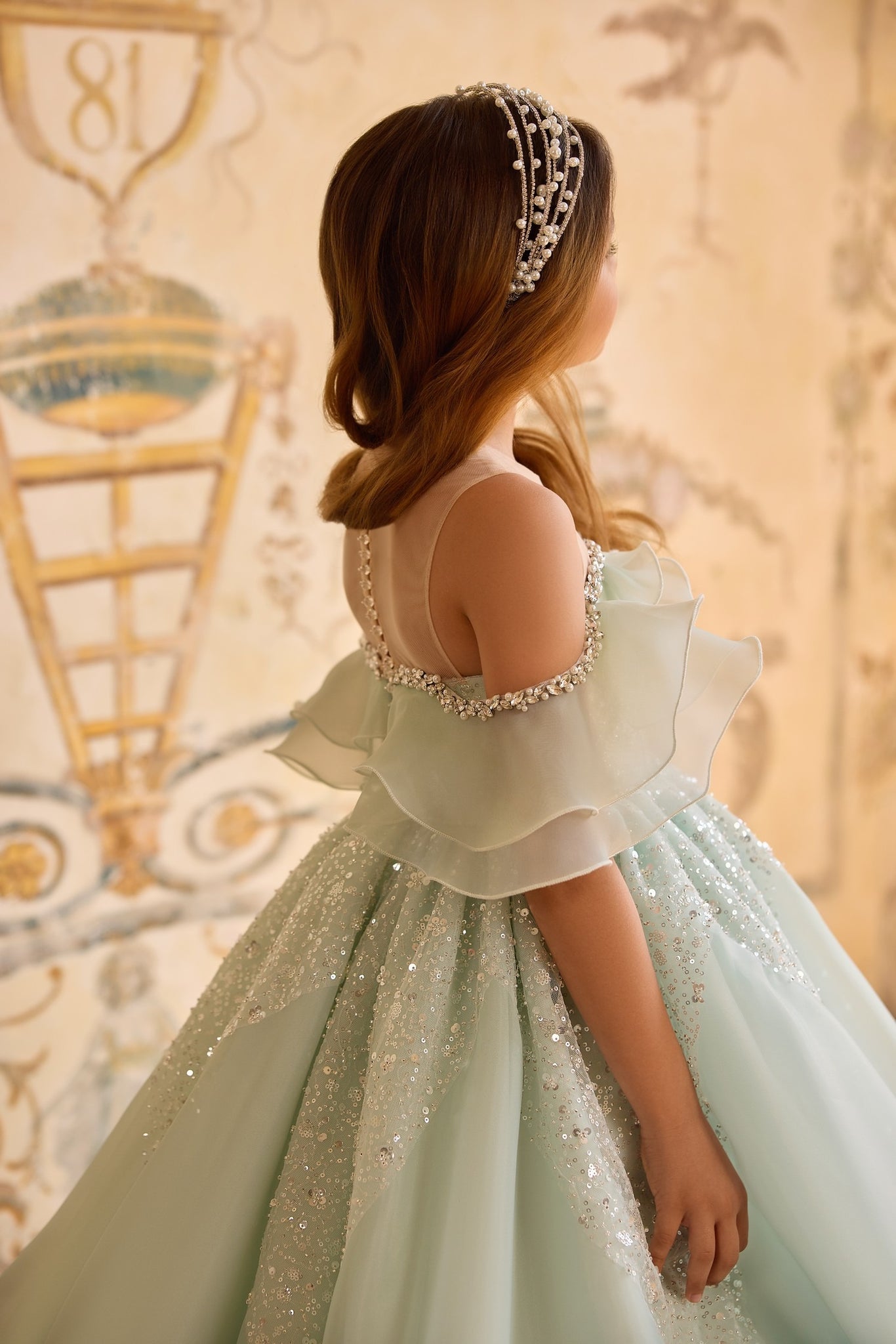 Pentelei 3830 off-shoulder princess gown with sparkling skirt | Girls Formal Dress