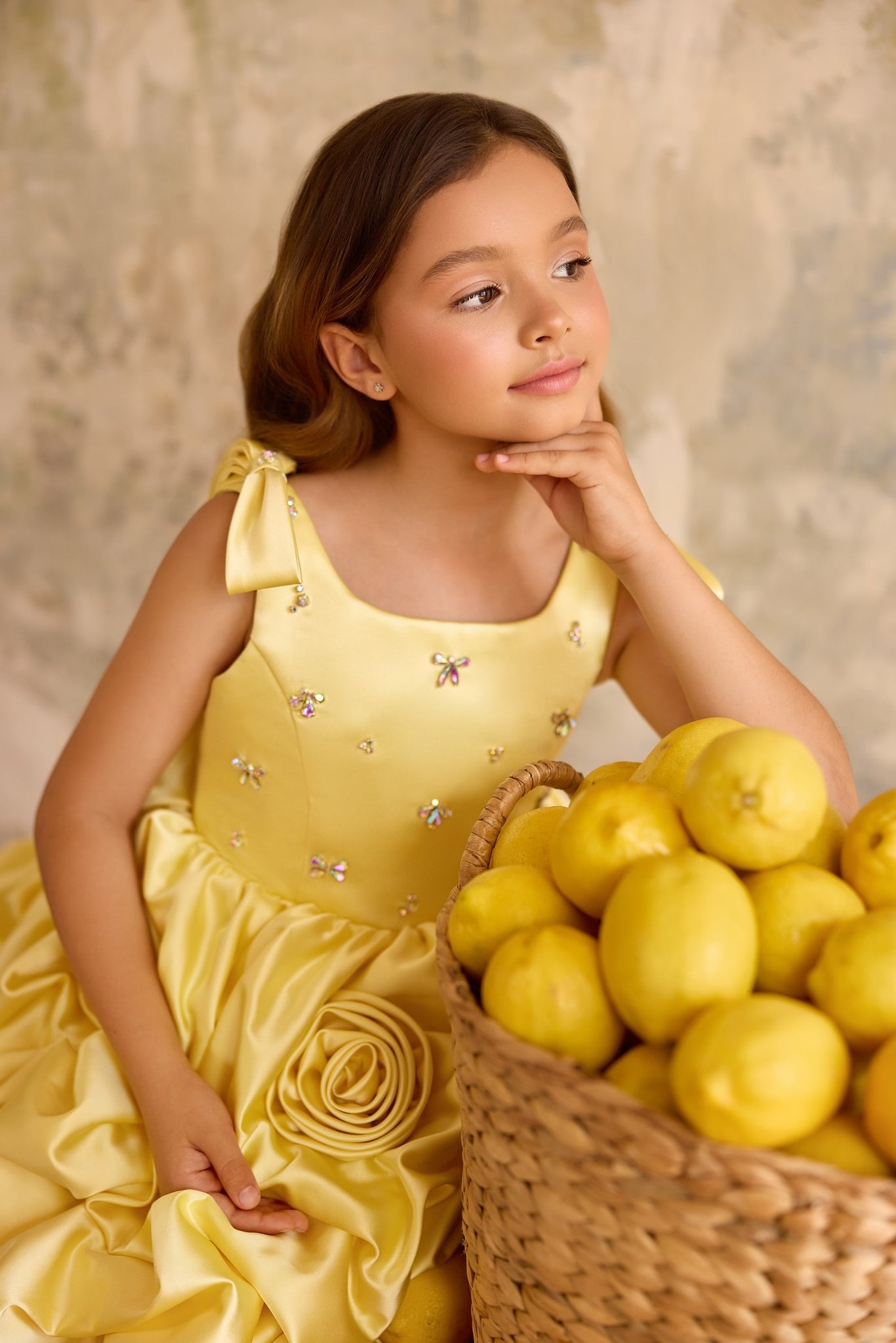 Pentelei 3834 rosette ruffled dress with bow shoulders | Girls Formal Dress