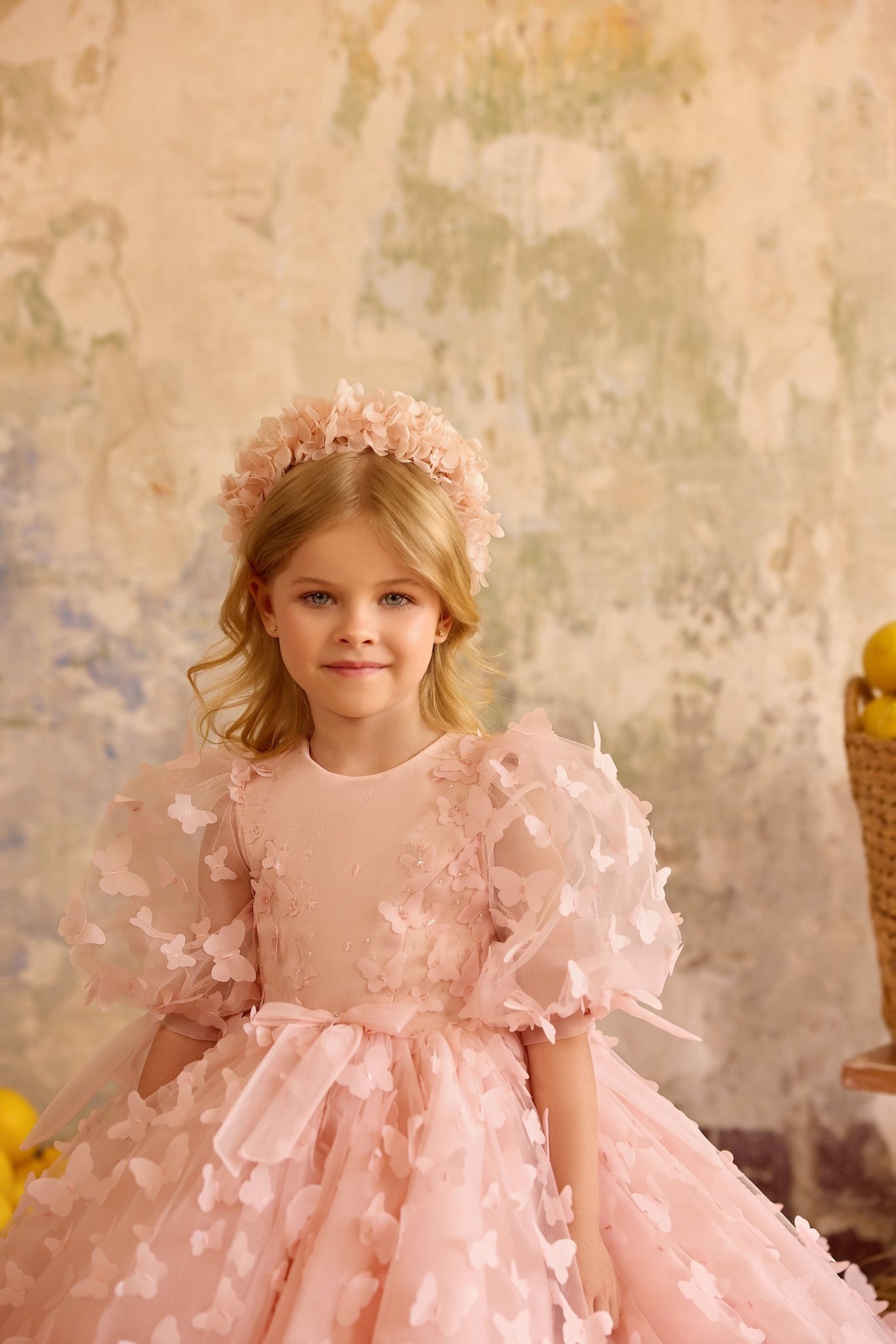 Pentelei 3835 butterfly applique gown with puffed sleeves | Girls Formal Dress