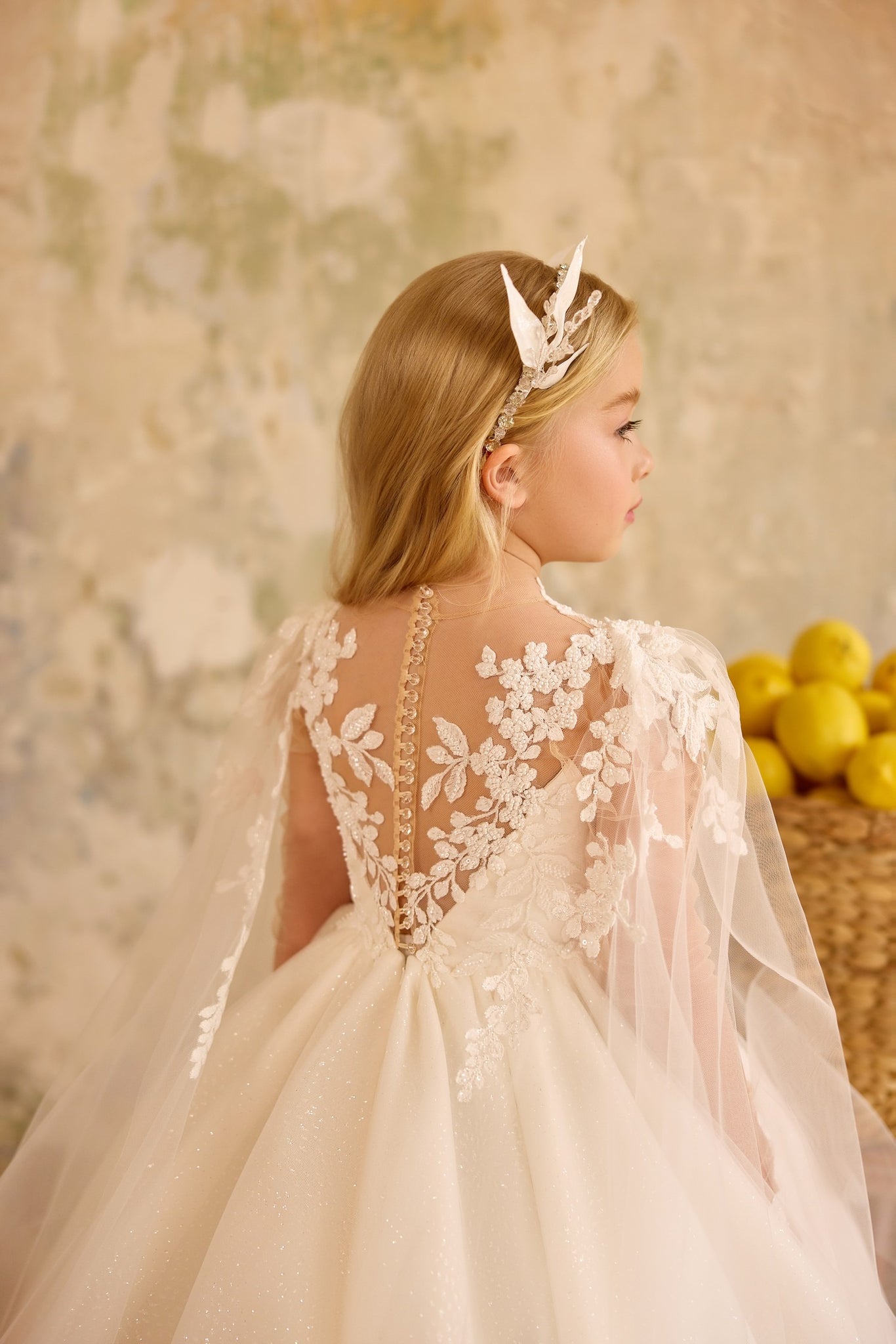 Pentelei 3837 fairytale gown with floral applique and cape | Girls Formal Dress
