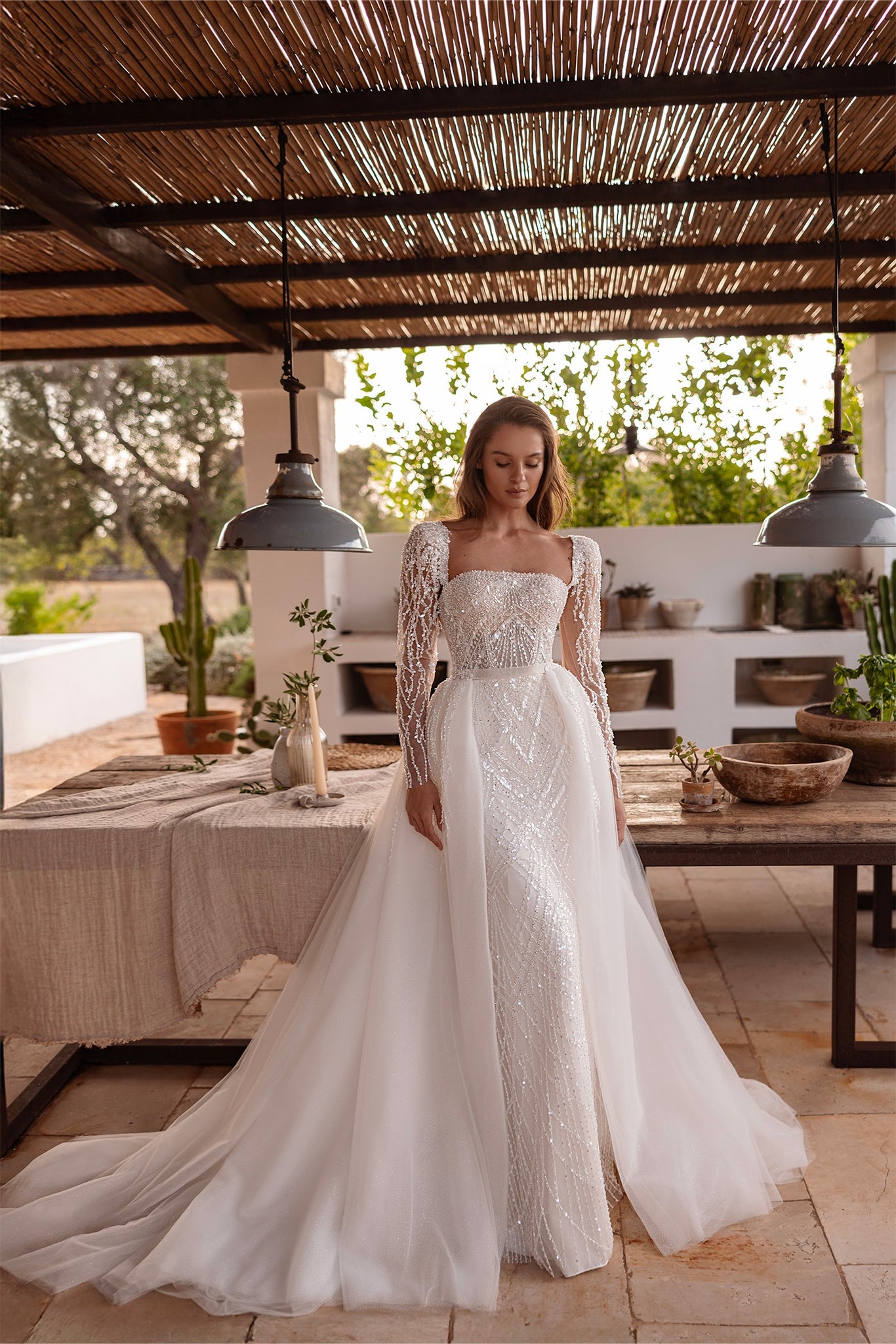 lace sheath wedding dress with removable overskirt Sweetheart Strapless Sheath Bridal Dress with Detachable Overskirt Train and Sleeves