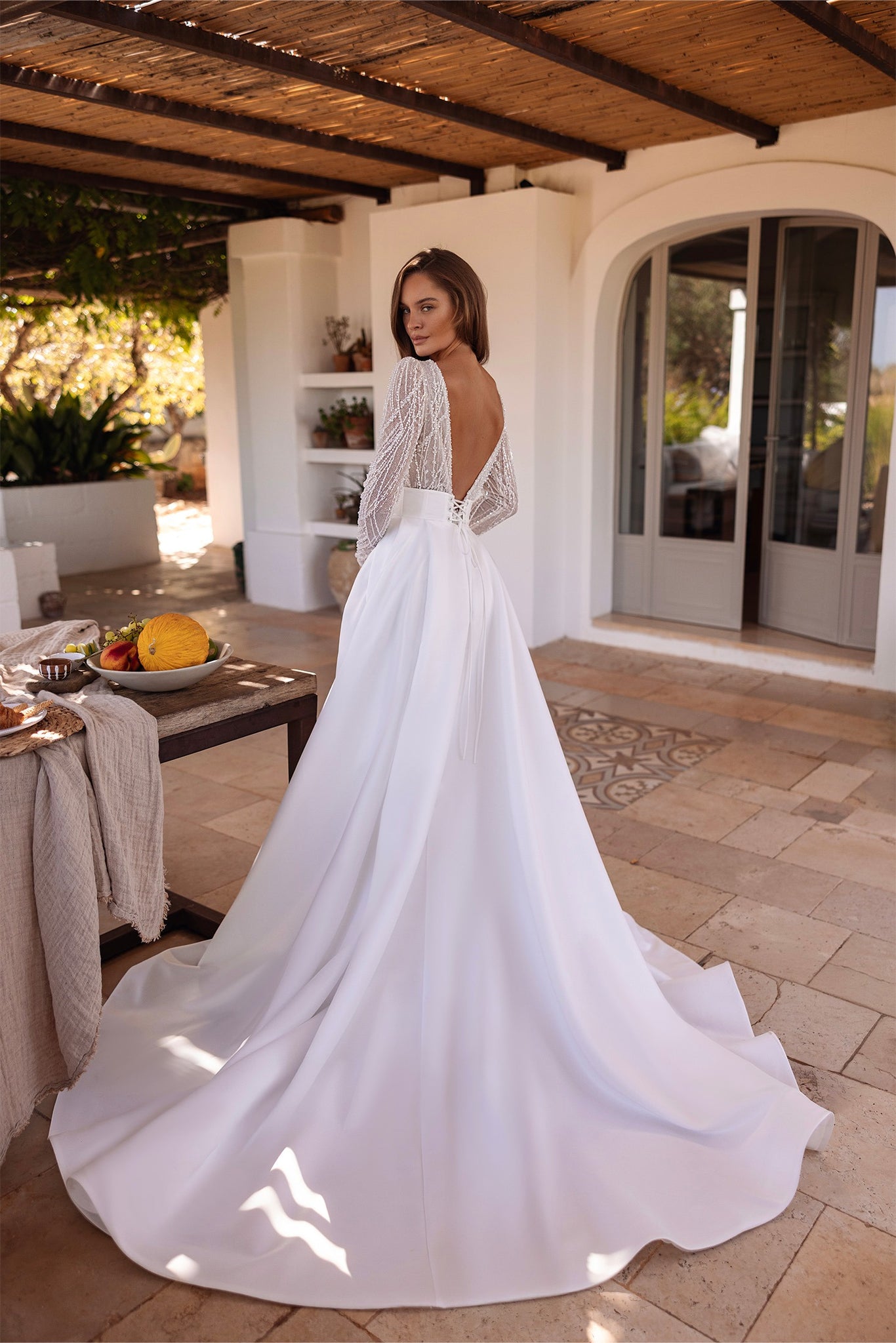 Beaded Long Sleeve Wedding Gown with Nude Underlay