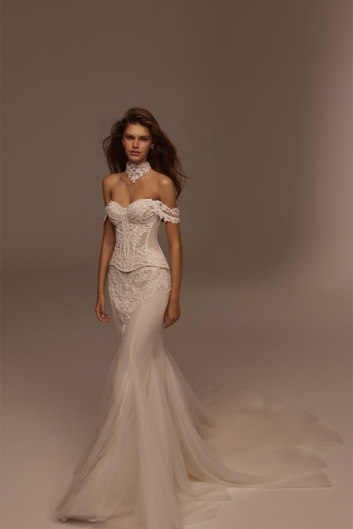 Off the shoulder mermaid wedding dress with lace bodice and choker