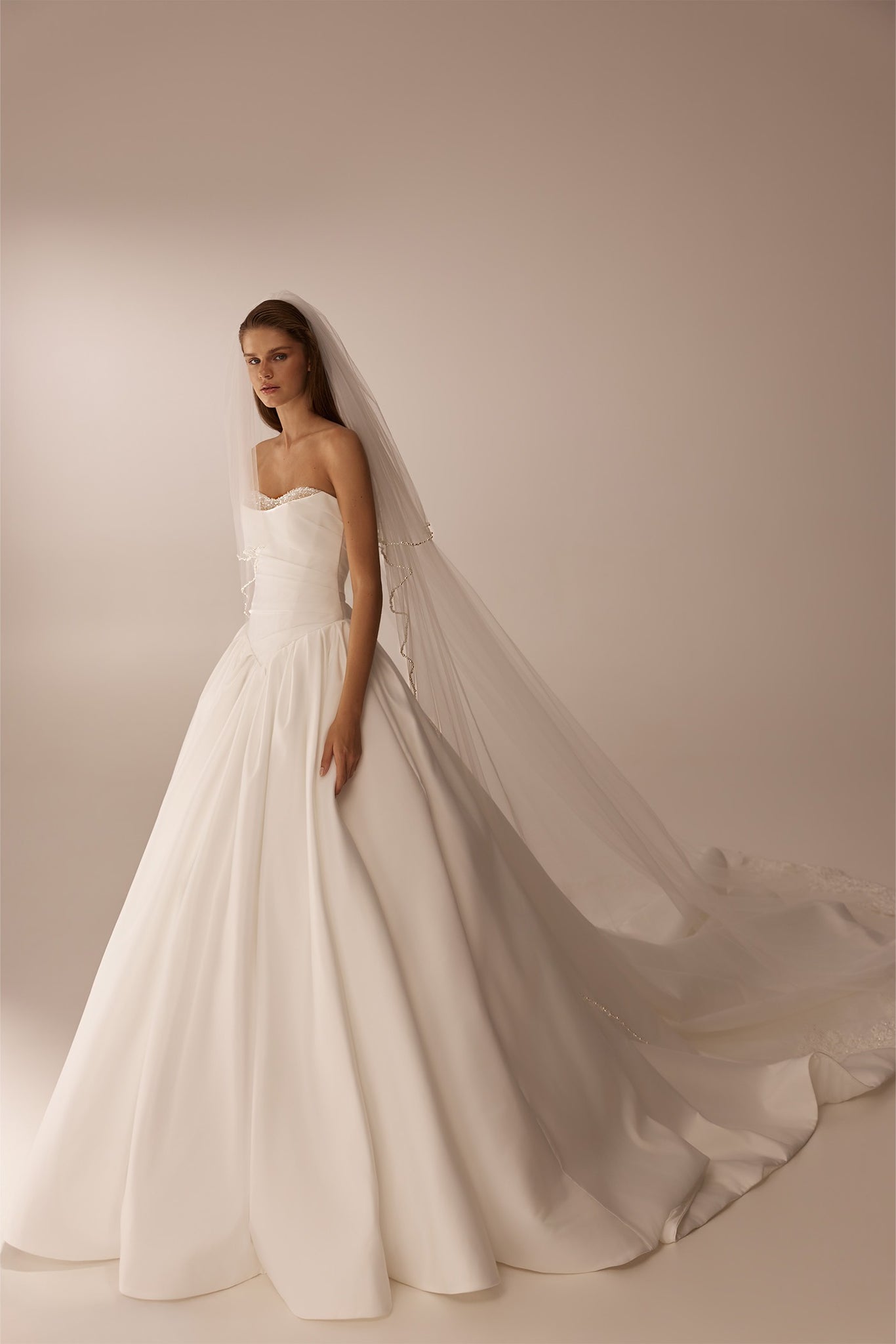 Strapless white ballgown wedding dress with a long veil