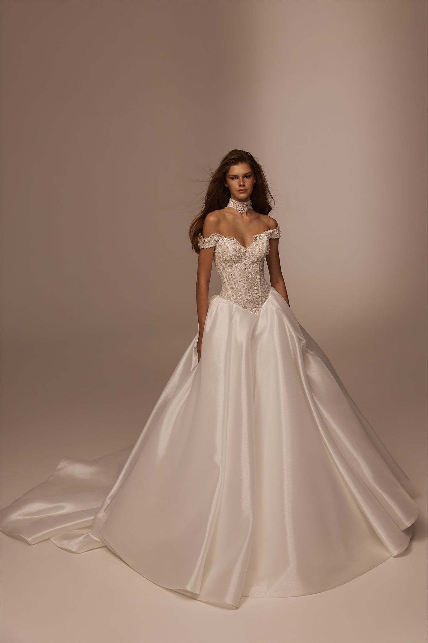 Model wearing an off-the-shoulder ballgown wedding dress with a lace bodice and choker neckline