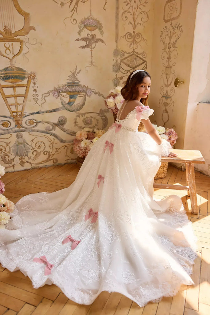 Pentelei 3802 fairytale gown with lace embroidery and puff sleeves | Girls Formal Dress