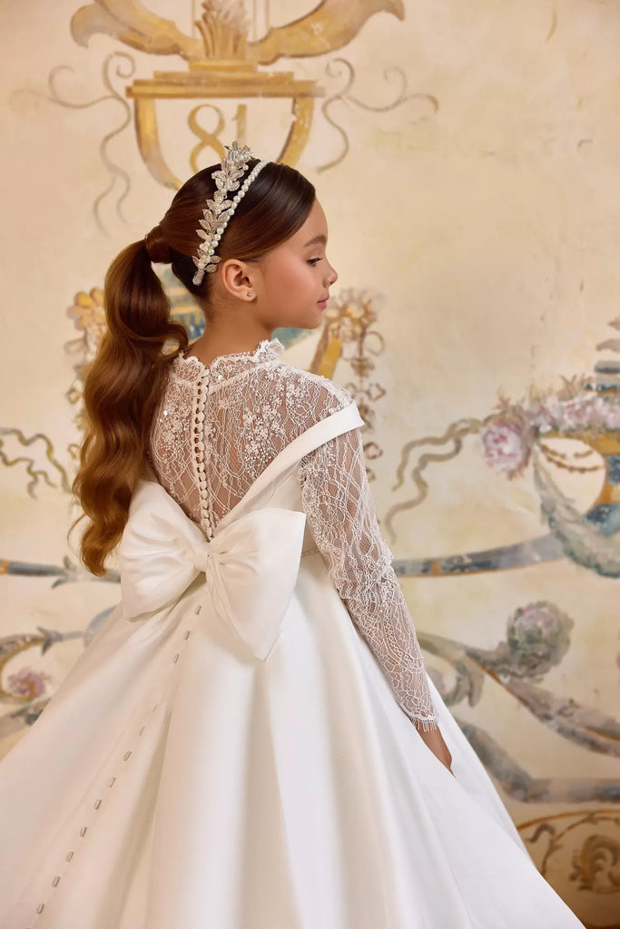 Pentelei 3817 refined gown with pleated bodice and bow back | Girls Formal Dress