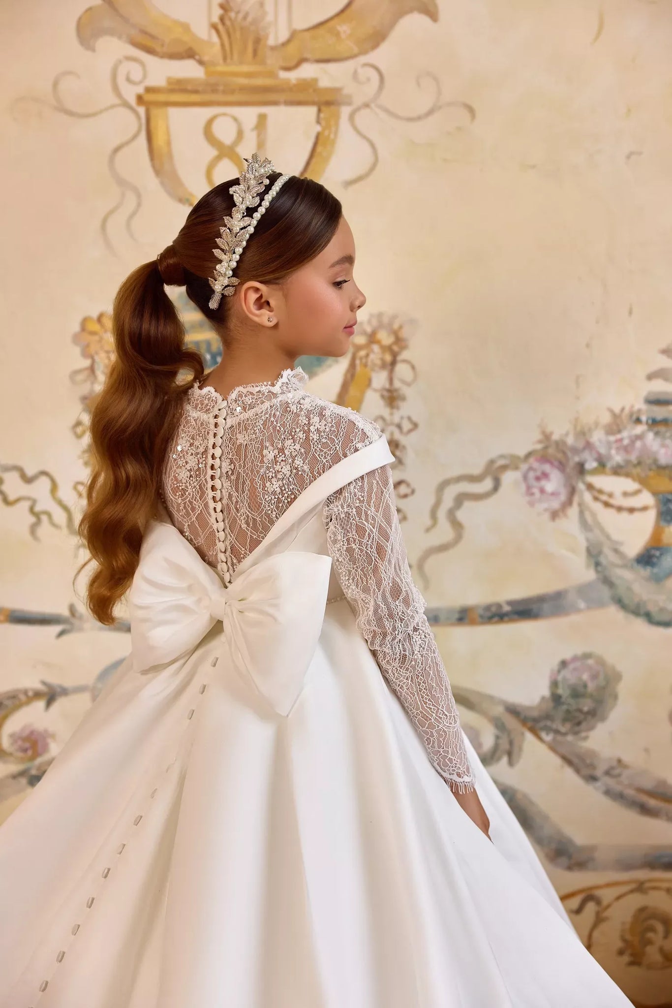 Pentelei 3817 refined gown with pleated bodice and bow back | Girls Formal Dress