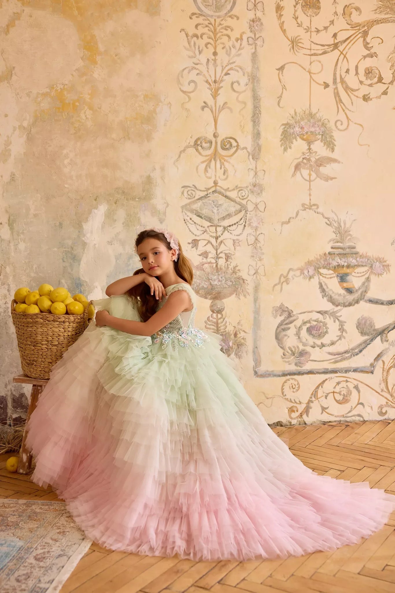 Pentelei 3822 ombre ruffle gown with embellished gloves | Girls Formal Dress