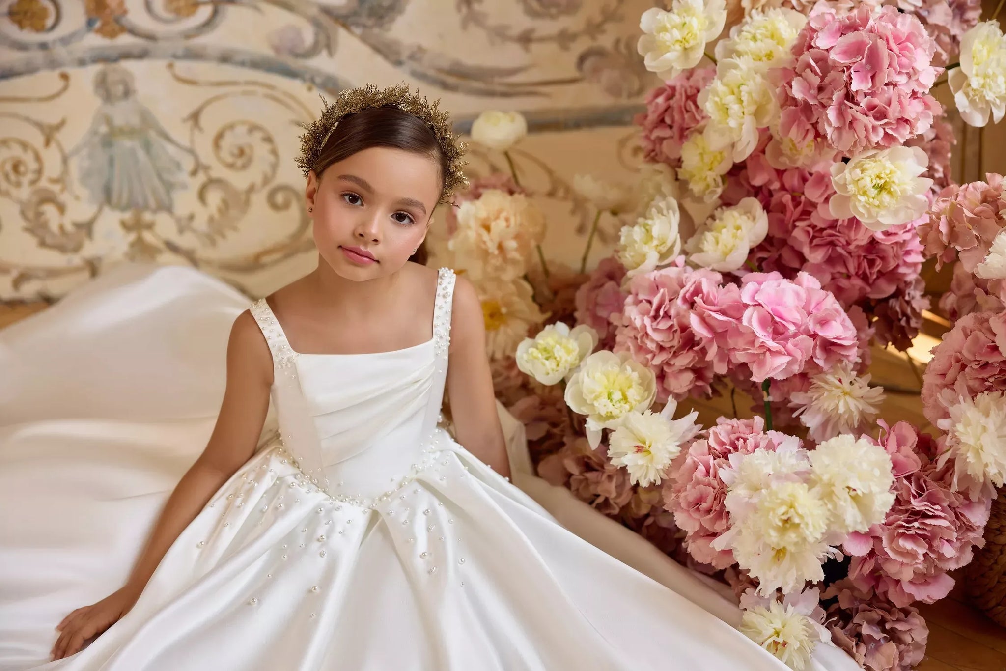 Pentelei 3827 pearl embellished ballgown with lace sleeves | Girls Formal Dress