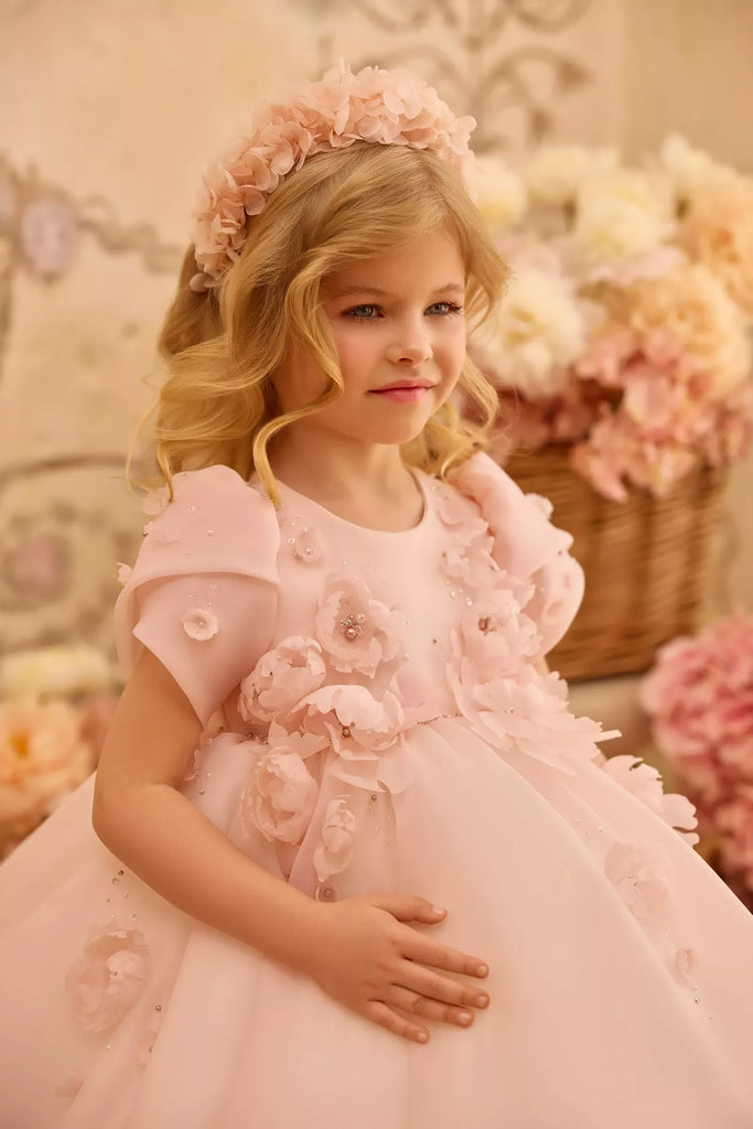 Pentelei 3829 floral applique ball gown with button back | Girls Formal Dress