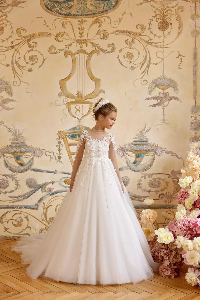 Pentelei 3832 floral applique gown with sheer neckline and open back | Girls Formal Dress