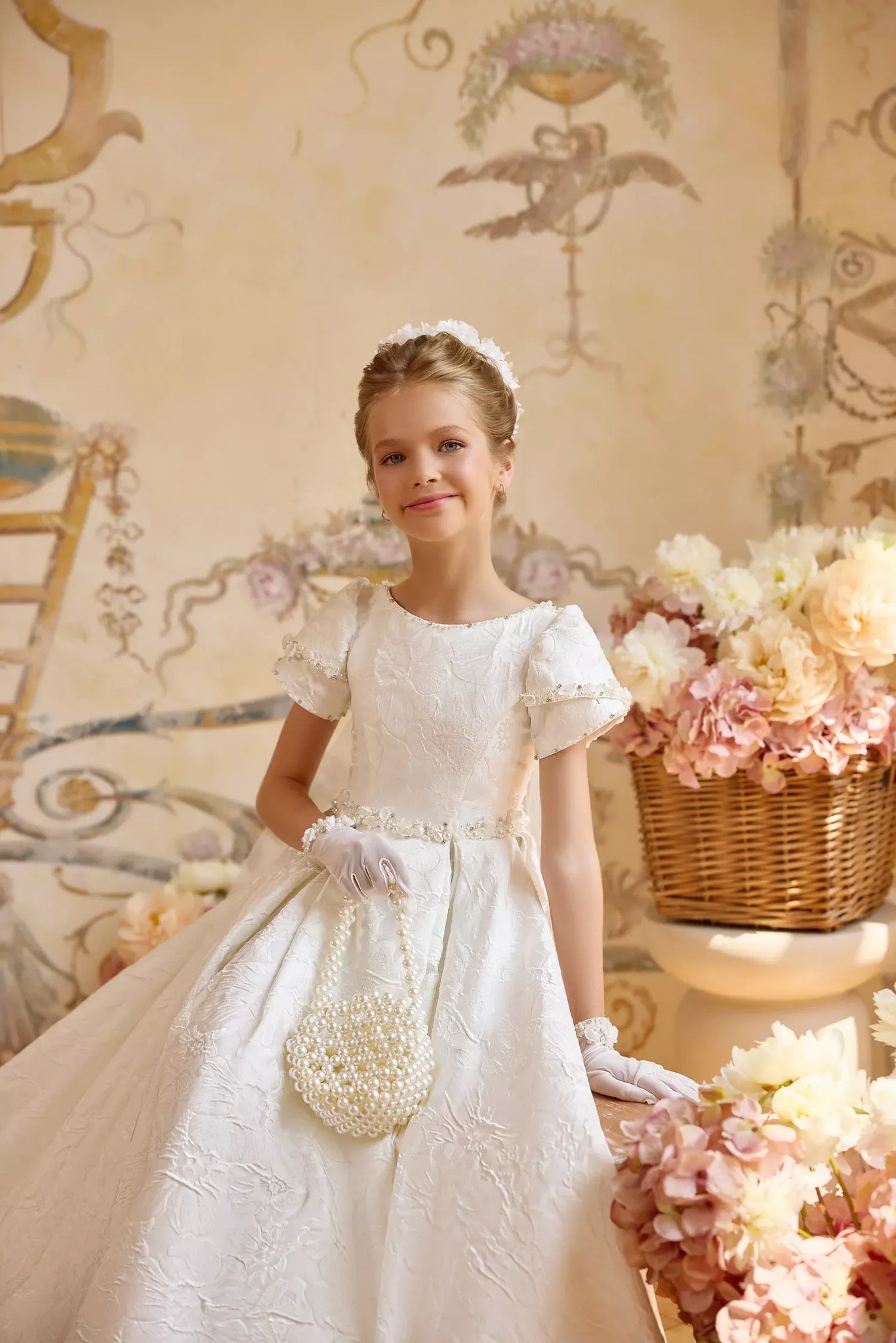 Pentelei 3836 puff sleeve gown with detachable cape | Girls Formal Dress