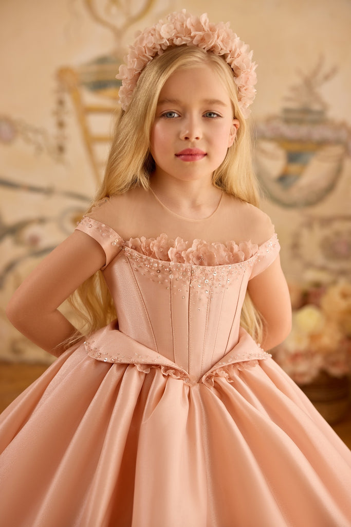 Pentelei 3801 off-shoulder flower girl dress with floral appliques | Girls Formal Dress