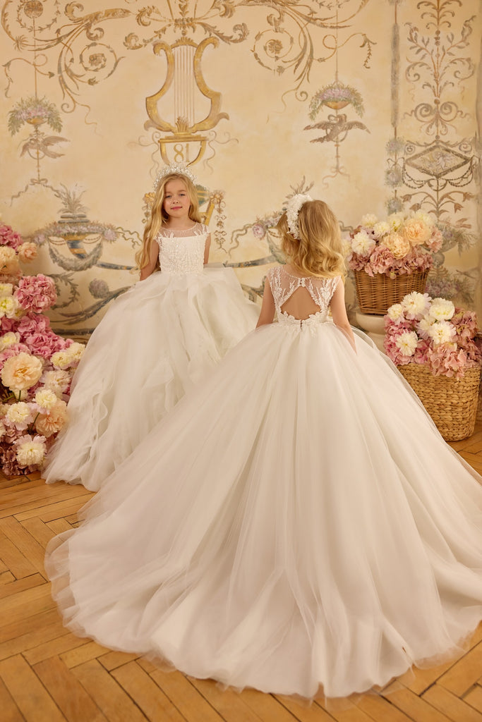 Pentelei 3805 princess gown with lace bodice and open back | Girls Formal Dress