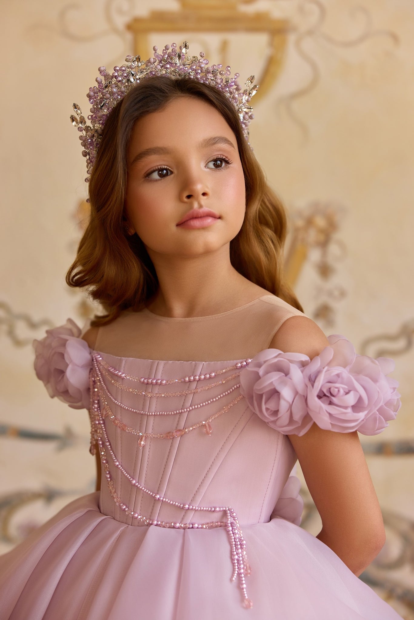 Pentelei 3812 princess gown with floral applique and train | Girls Formal Dress
