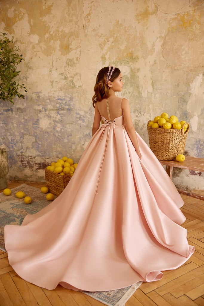 Pentelei 3813 elegant ball gown with illusion neckline and train | Girls Formal Dress