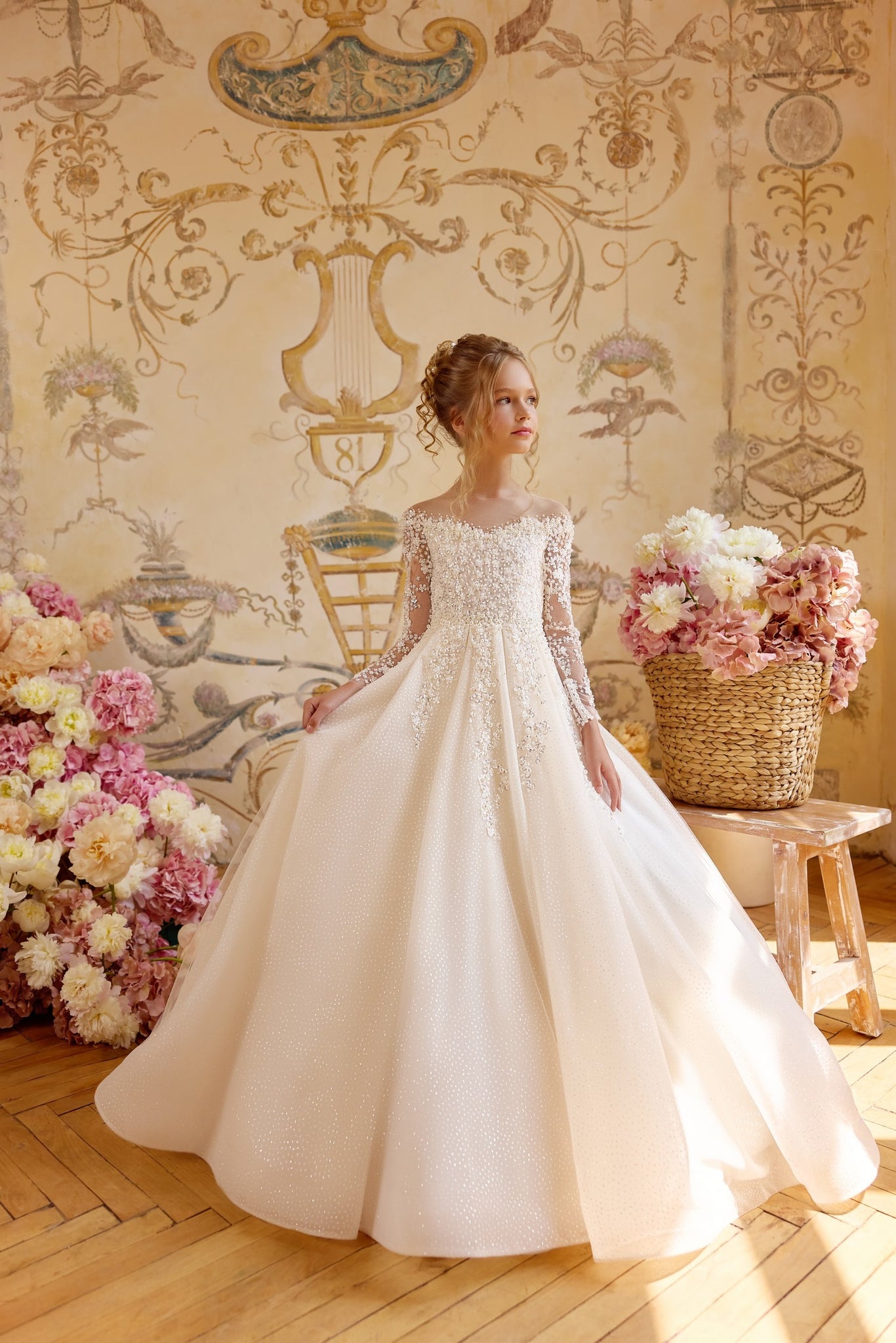Pentelei 3820 elegant gown with floral applique and pearl buttons | Girls Formal Dress