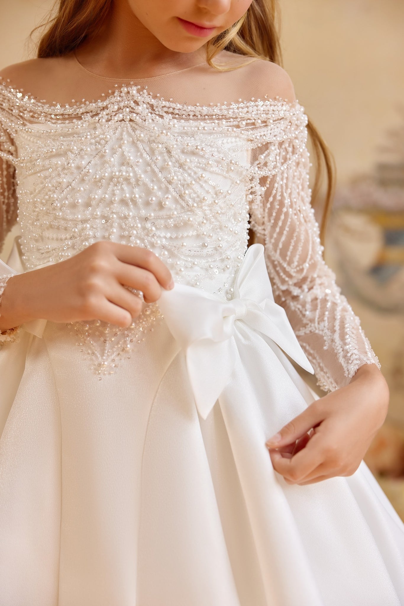 Pentelei 3823 regal beaded gown with sheer sleeves | Girls Formal Dress