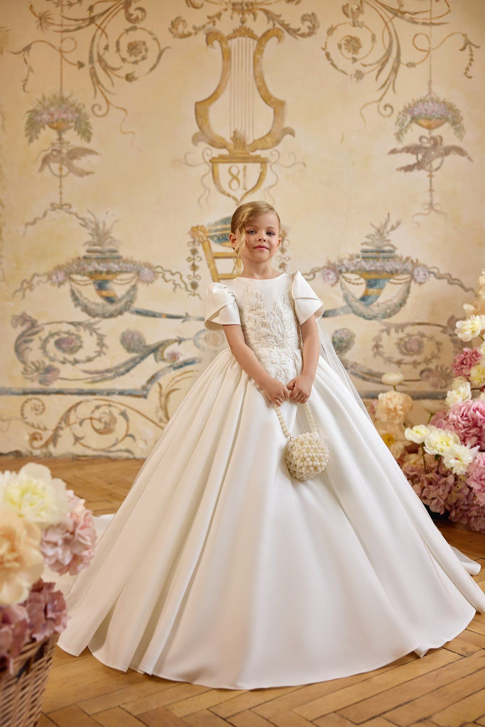 Pentelei 3828 structured gown with embroidery and button back | Girls Formal Dress