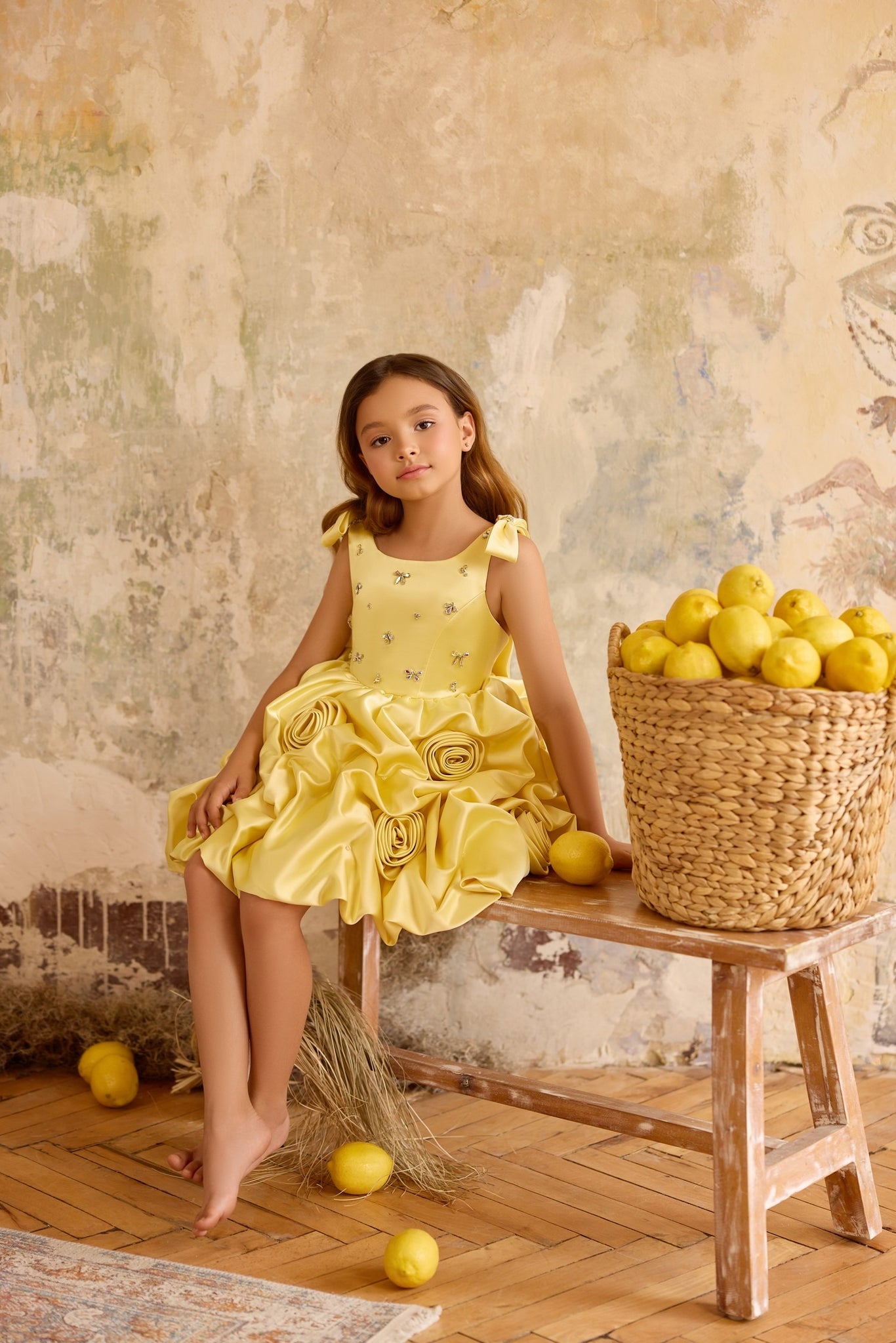 Pentelei 3834 rosette ruffled dress with bow shoulders | Girls Formal Dress