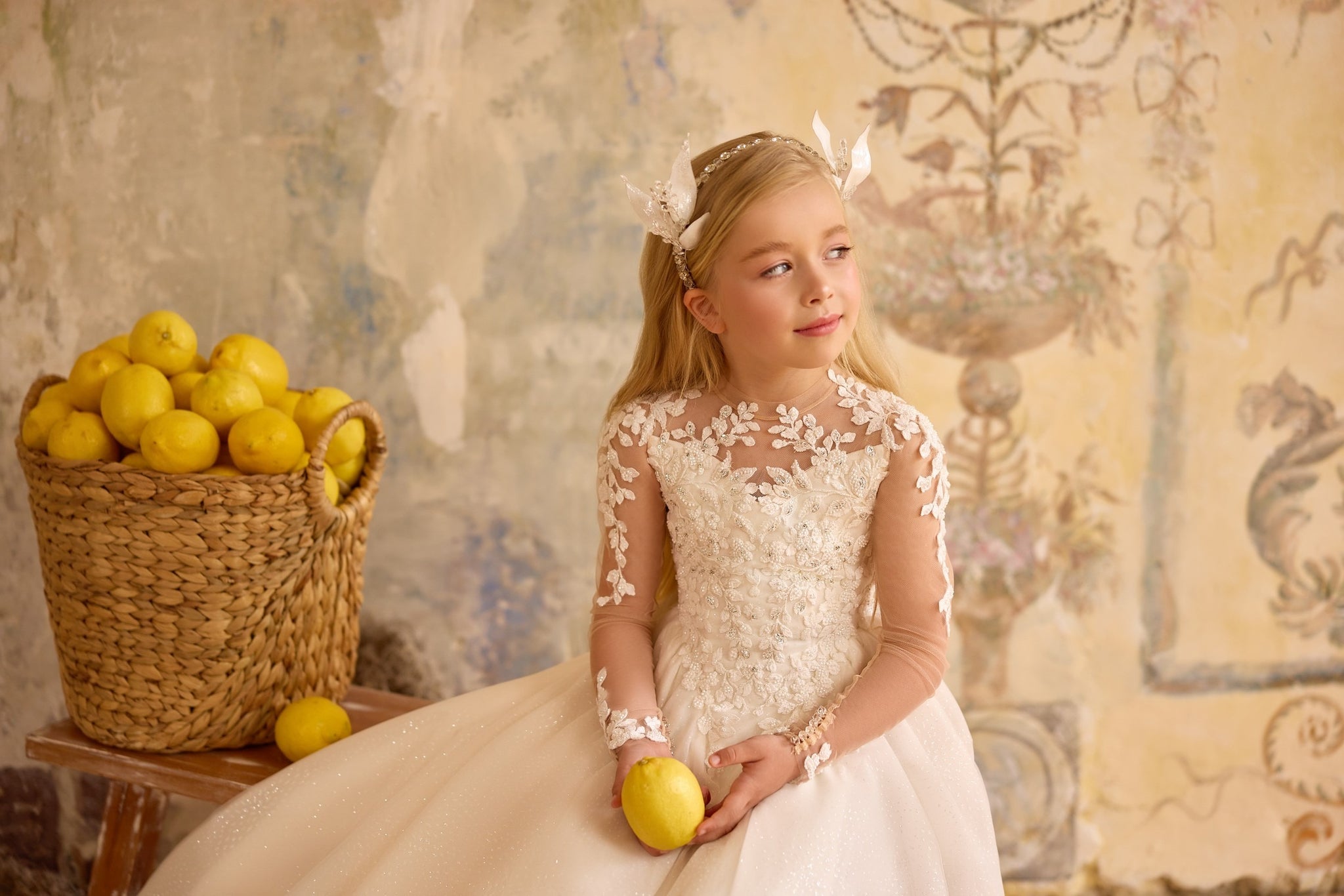 Pentelei 3837 fairytale gown with floral applique and cape | Girls Formal Dress