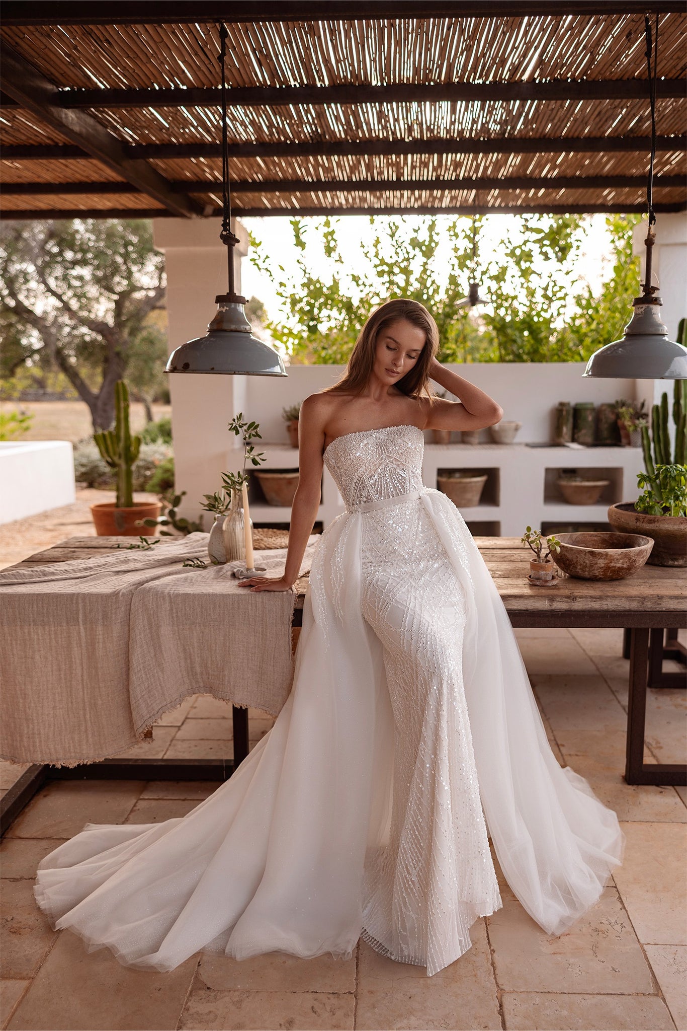 Beaded Lace Sheath Wedding Dress with detachable Sleeves & Tulle Overskirt