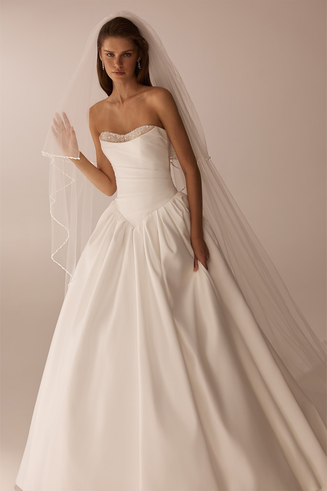 Strapless white ballgown wedding dress with beaded neckline and long sheer veil