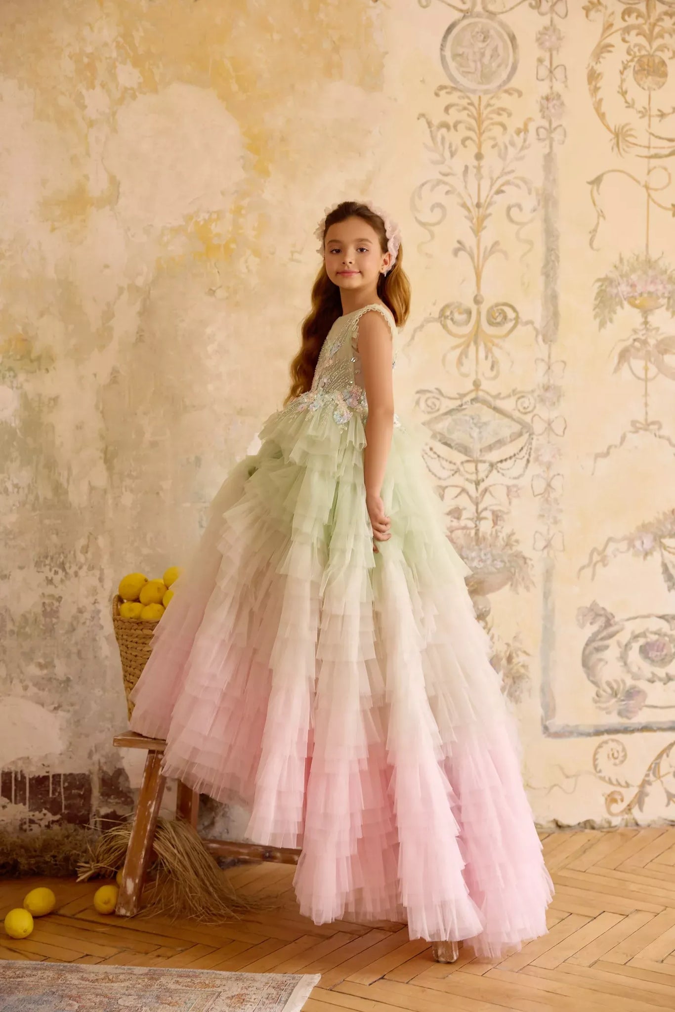 Pentelei 3822 ombre ruffle gown with embellished gloves | Girls Formal Dress